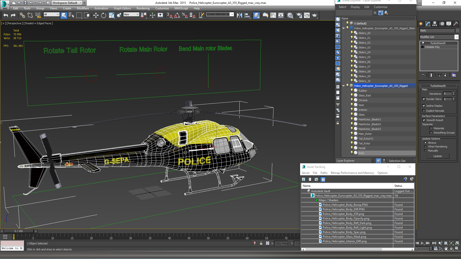 3D Police Helicopter Eurocopter AS 355 Rigged for Maya