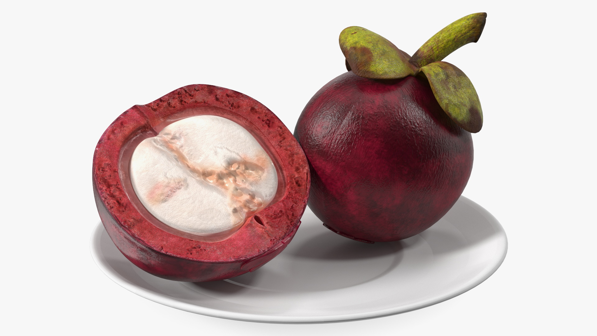 3D model Whole and Half Cut Mangosteens on White Plate
