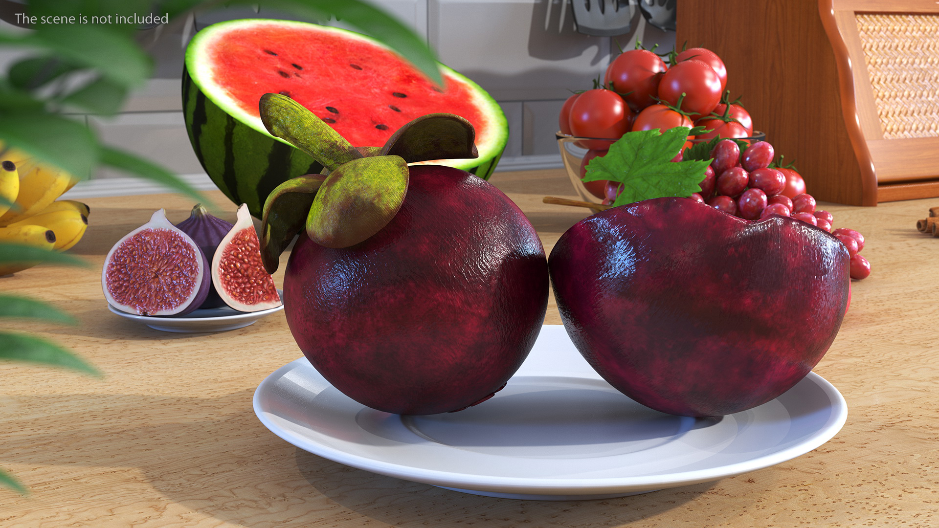 3D model Whole and Half Cut Mangosteens on White Plate