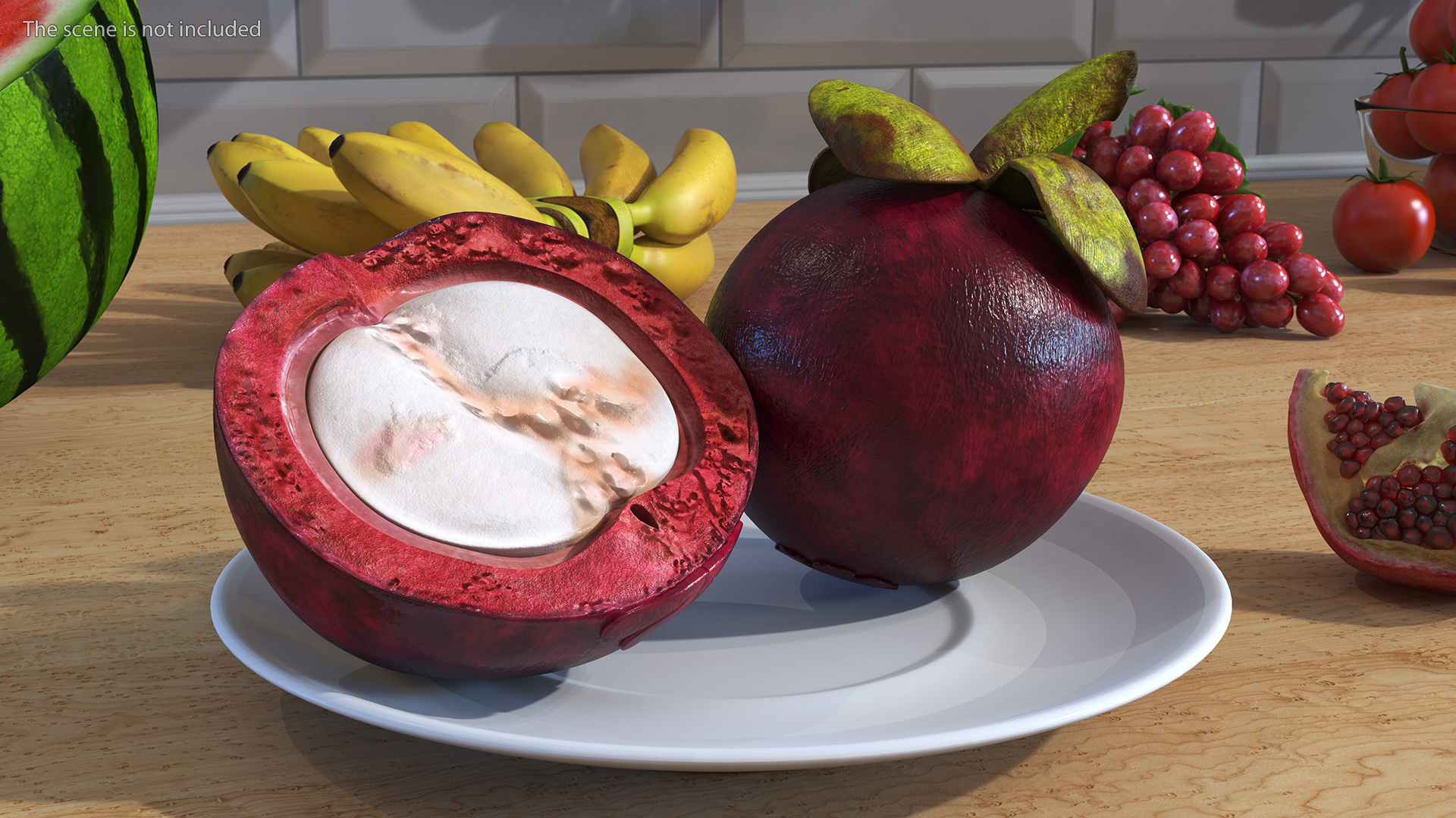 3D model Whole and Half Cut Mangosteens on White Plate