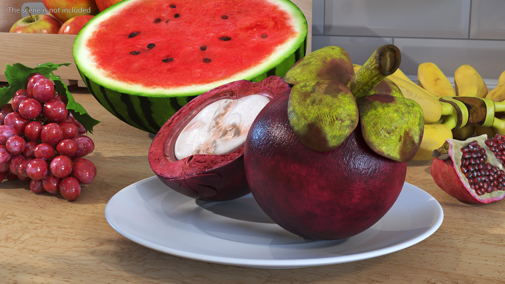 3D model Whole and Half Cut Mangosteens on White Plate