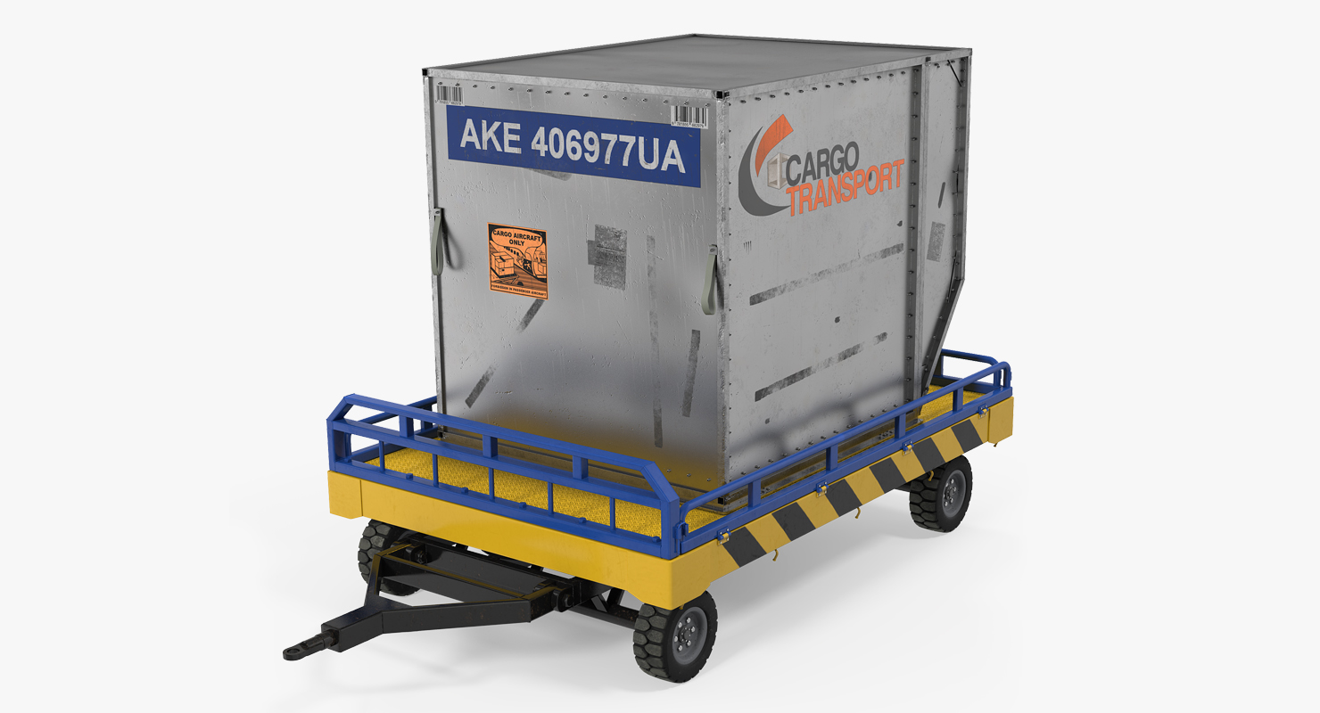 Airport Transport Trailer Low Bed Platform with Container Rigged 3D model