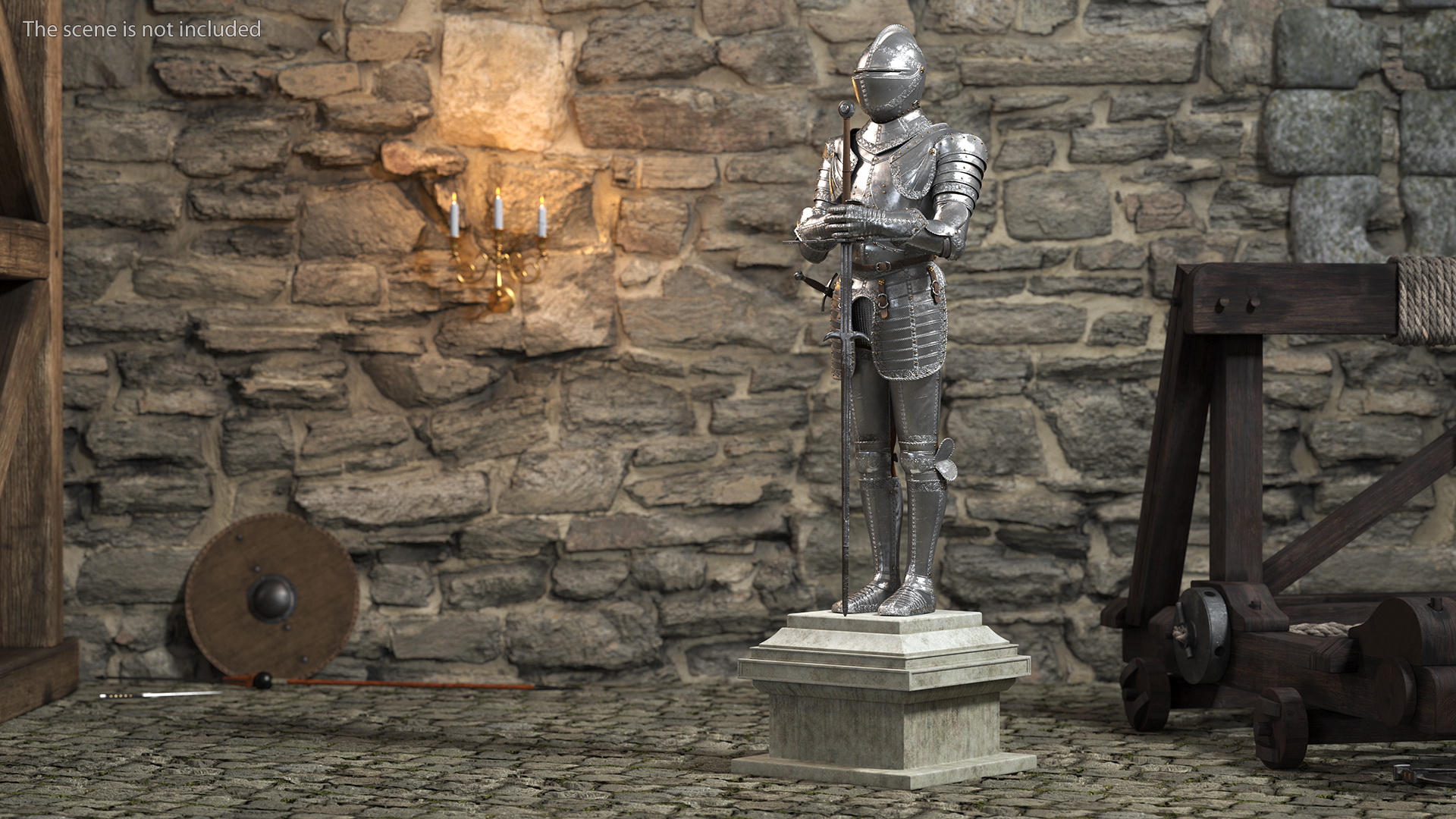 3D Medieval Knight Plate Armor Standing on Podium
