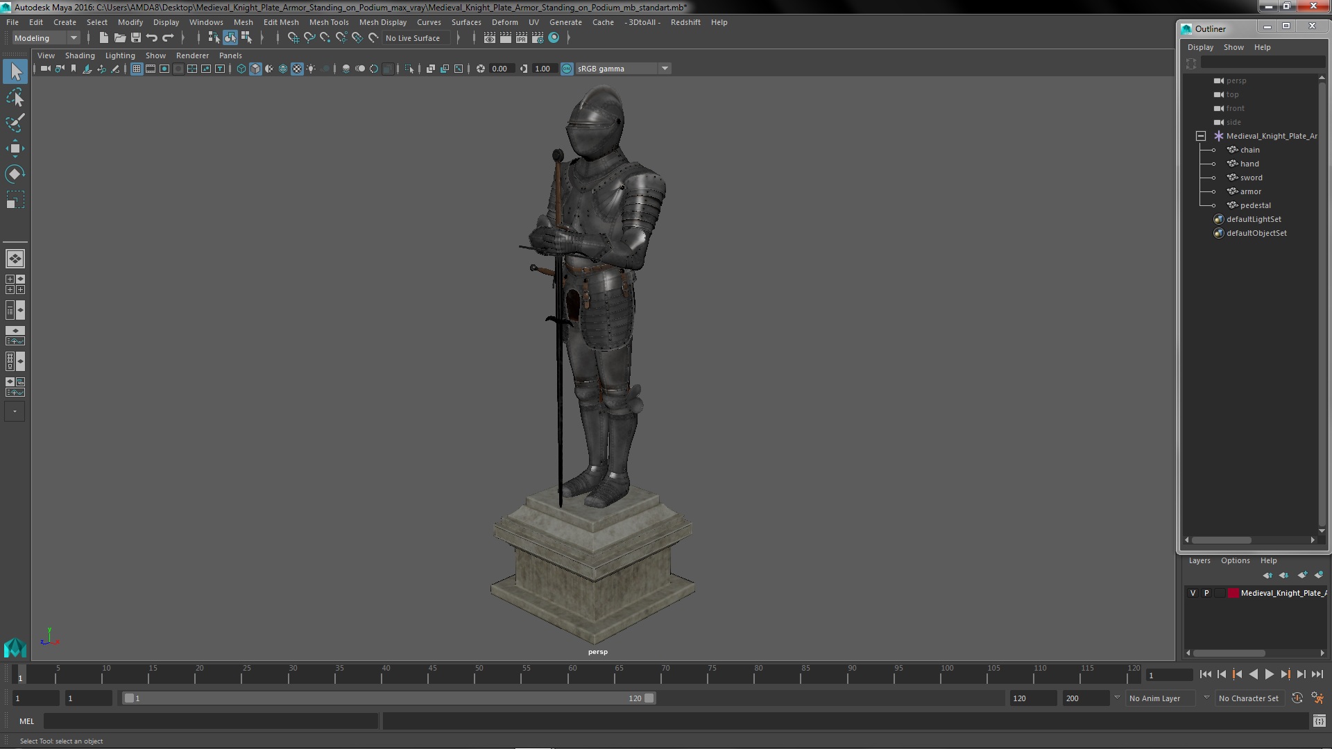 3D Medieval Knight Plate Armor Standing on Podium