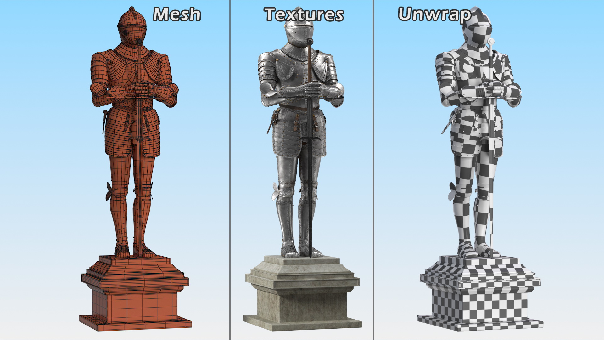 3D Medieval Knight Plate Armor Standing on Podium