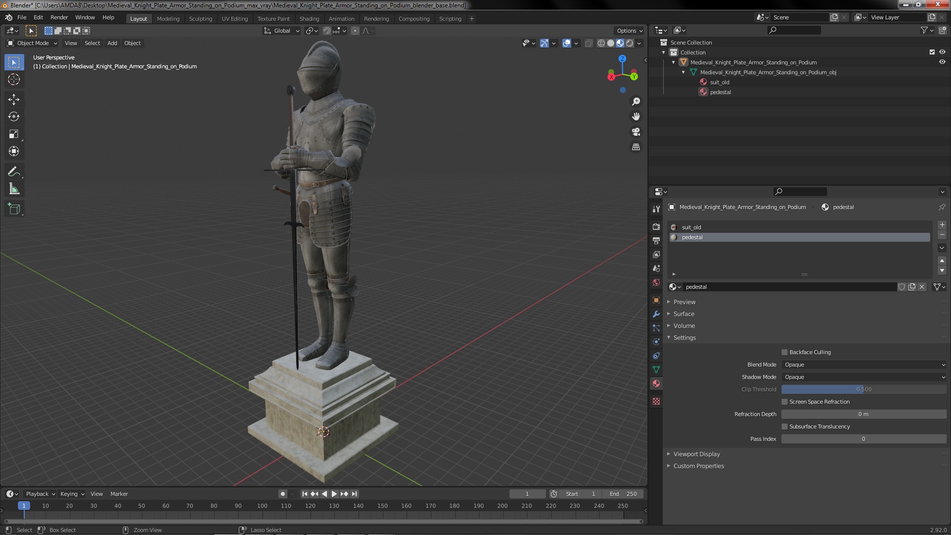3D Medieval Knight Plate Armor Standing on Podium