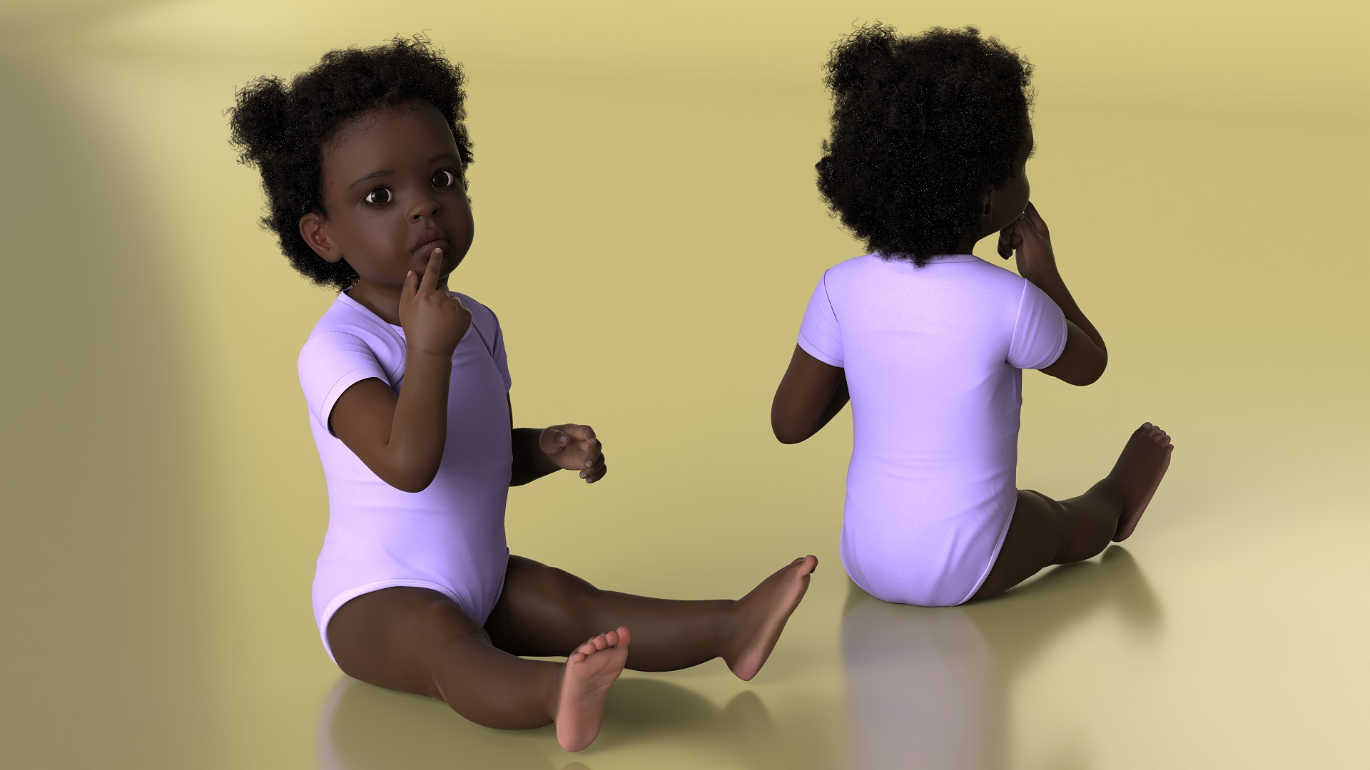 3D African Baby Girl Wearing Bodysuit Sitting Fur