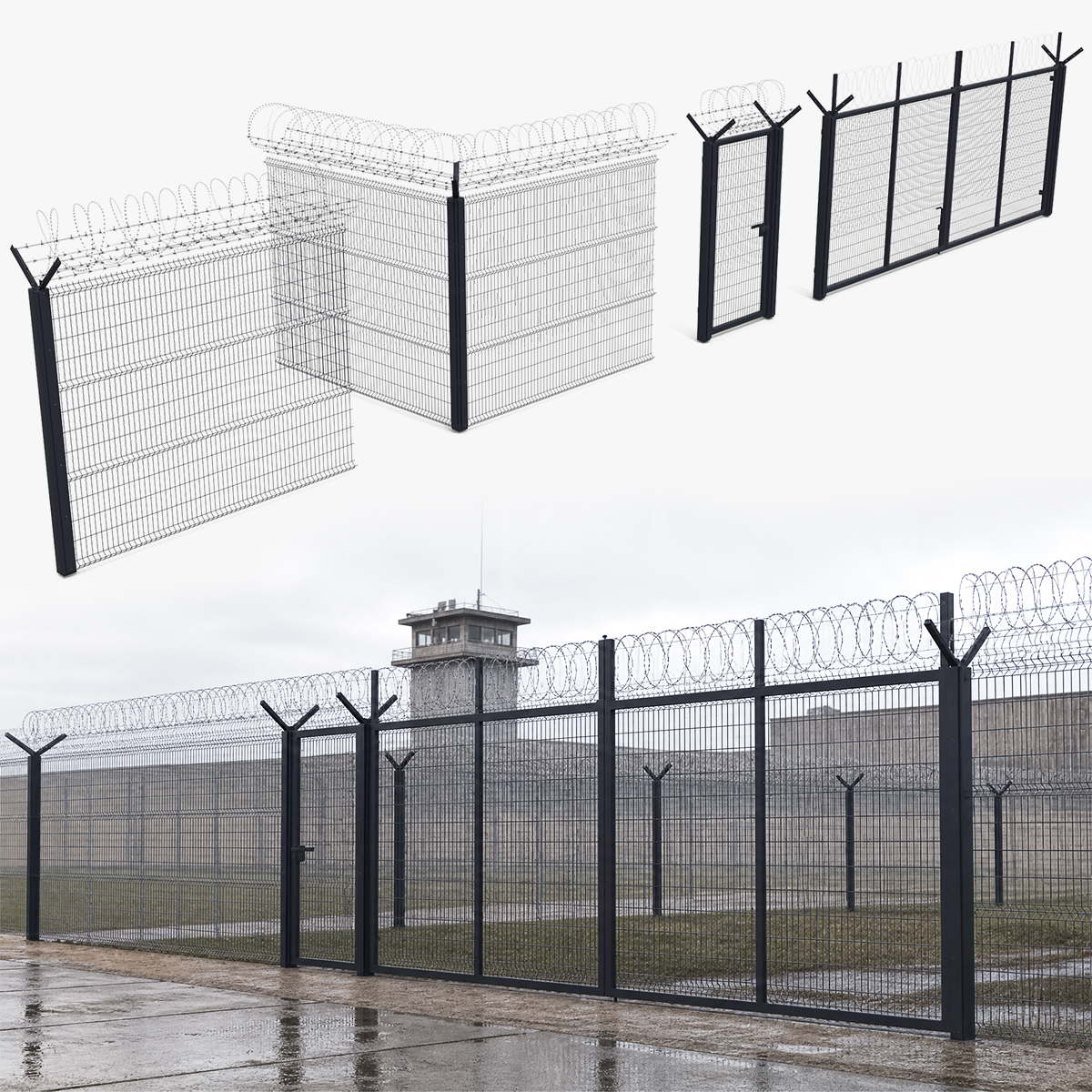 High Security Fence Set with Razor Wire Black 3D model preview