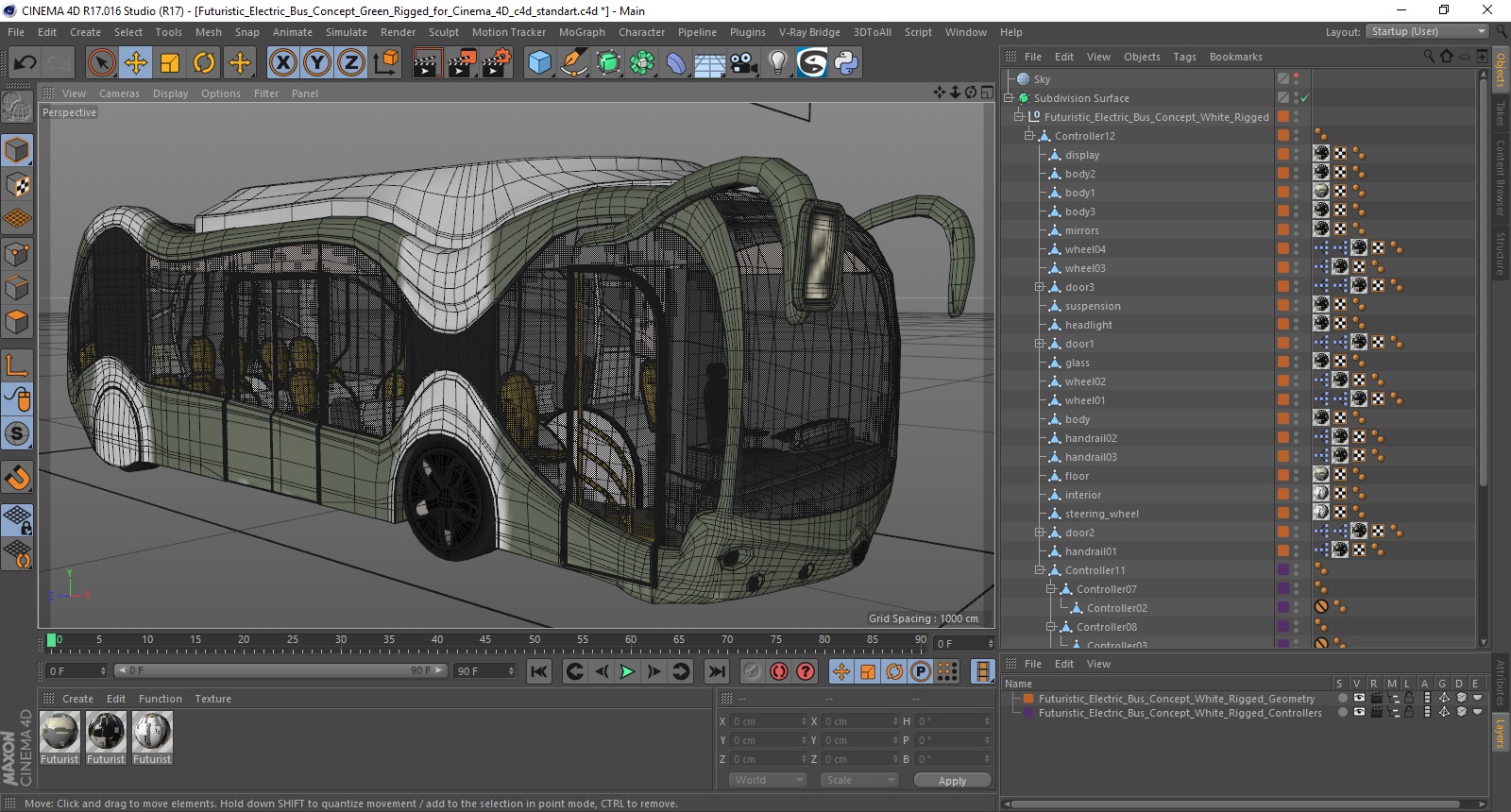 3D Futuristic Electric Bus Concept Green Rigged for Cinema 4D model