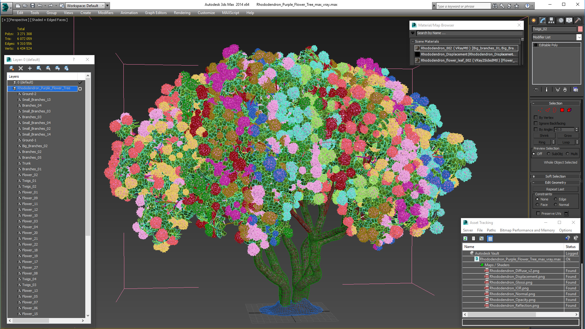 3D Rhododendron Purple Flower Tree