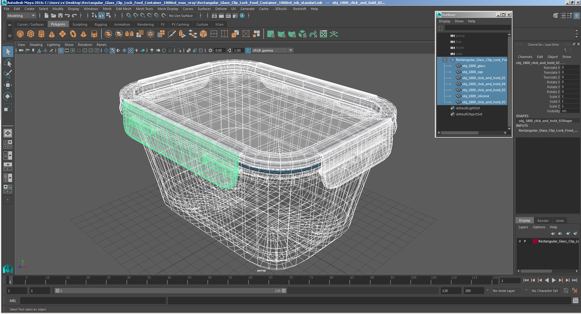 Rectangular Glass Clip Lock Food Container 1800ml 3D model
