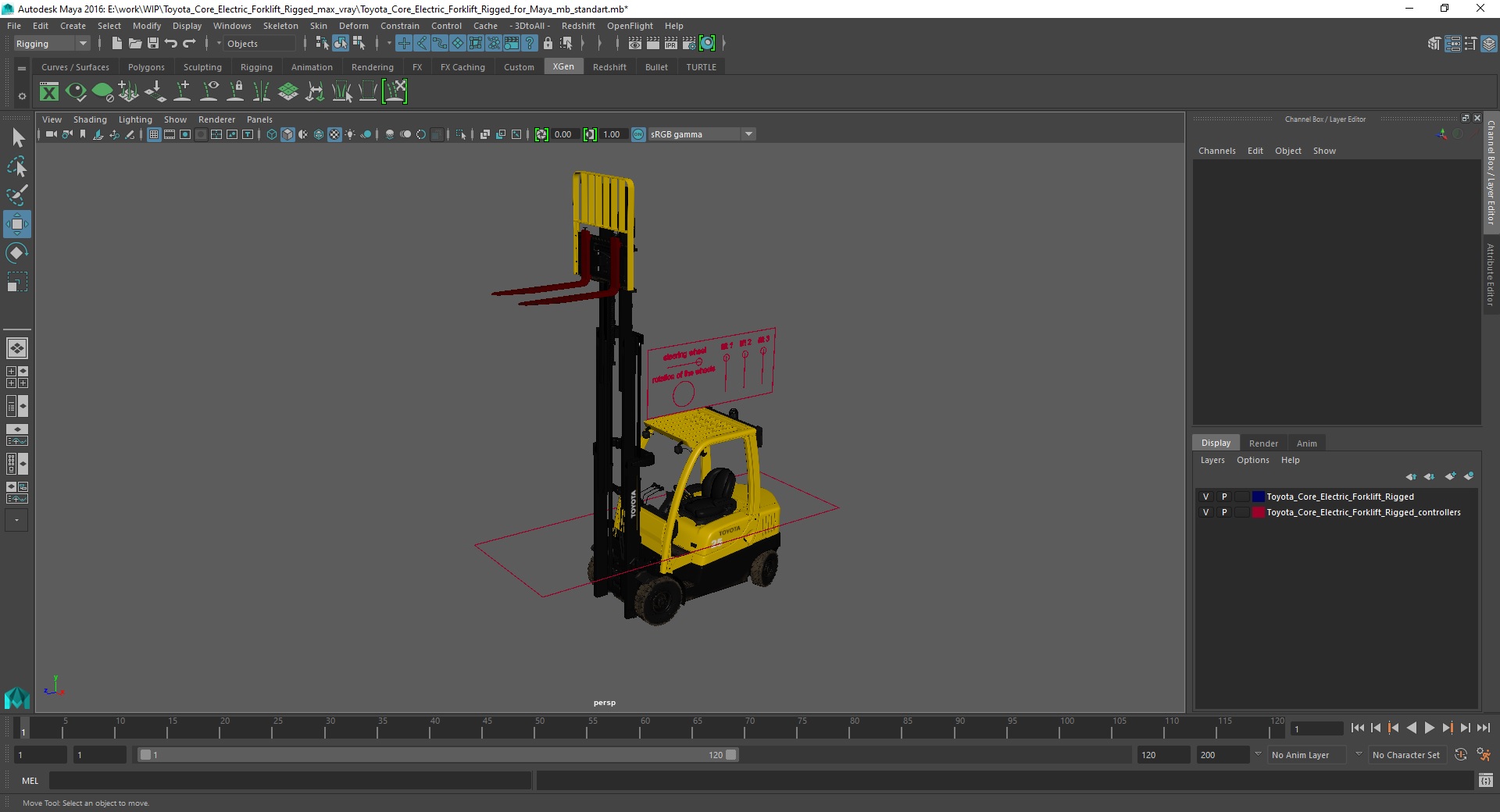 3D model Toyota Core Electric Forklift Rigged for Maya