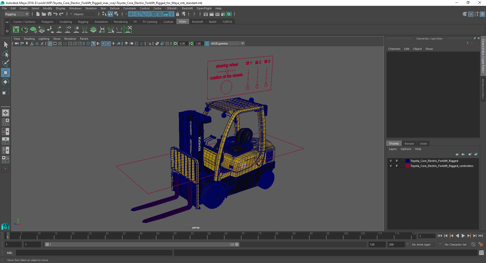 3D model Toyota Core Electric Forklift Rigged for Maya