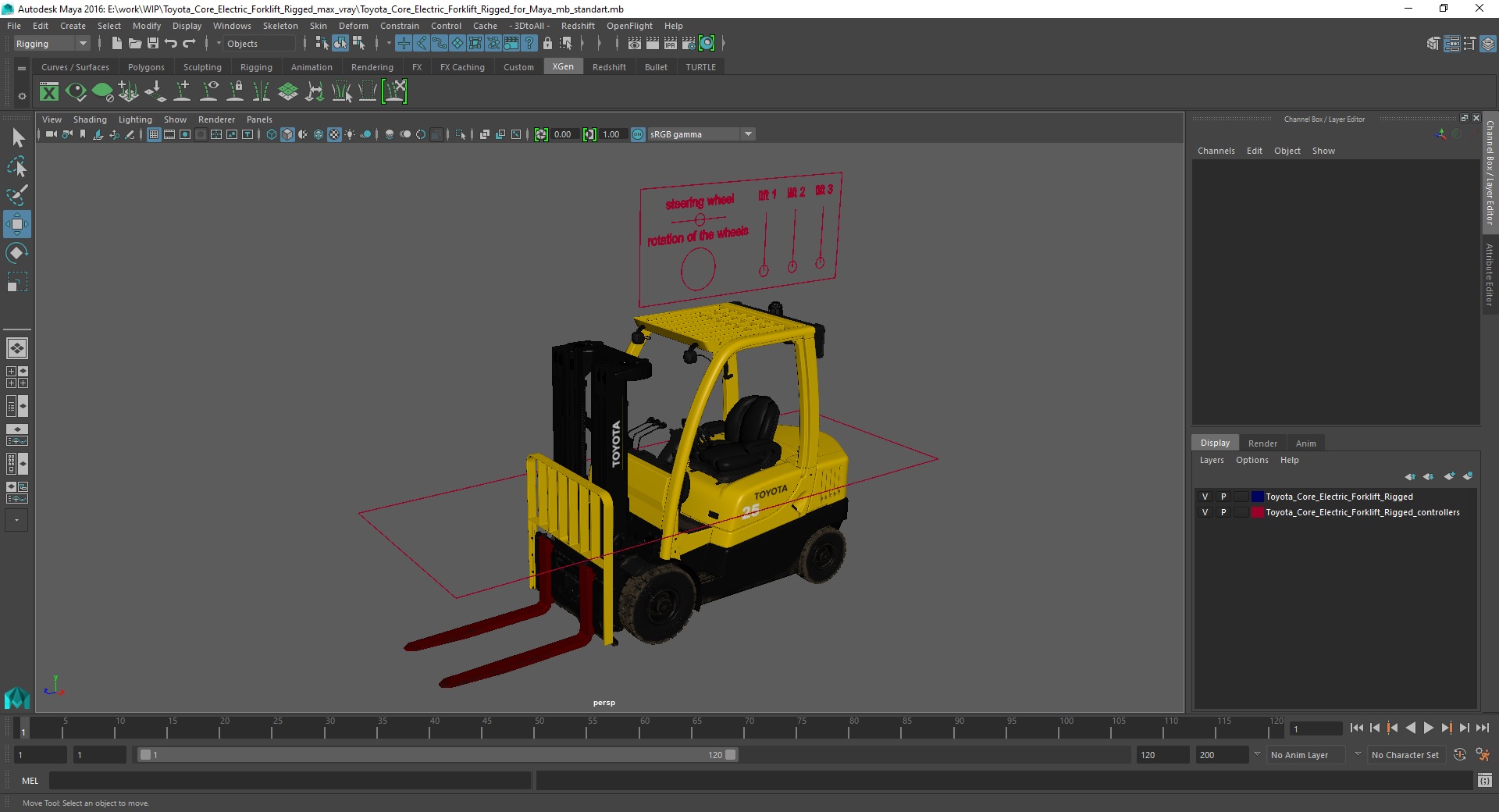3D model Toyota Core Electric Forklift Rigged for Maya