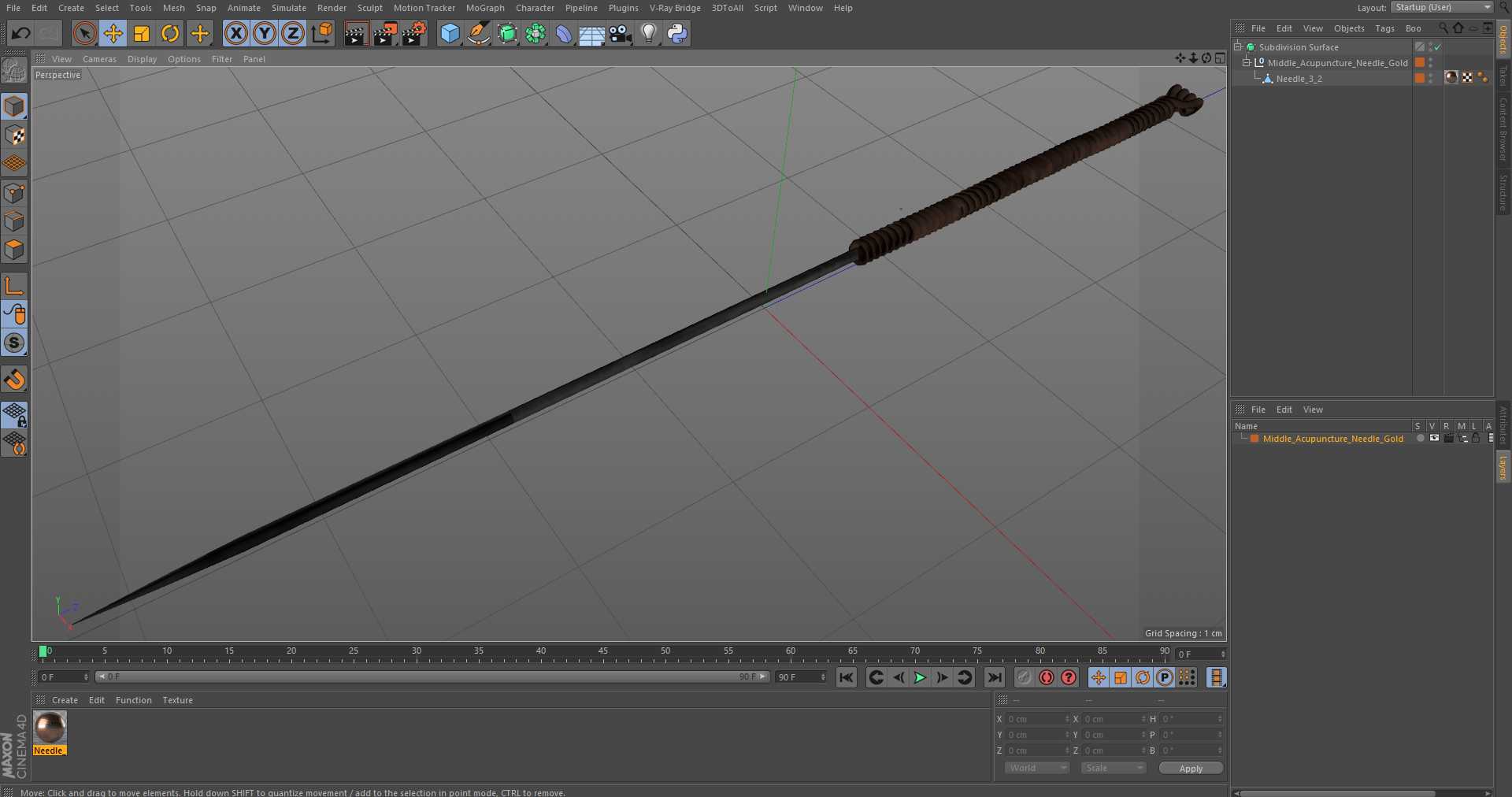 3D model Middle Acupuncture Needle Gold
