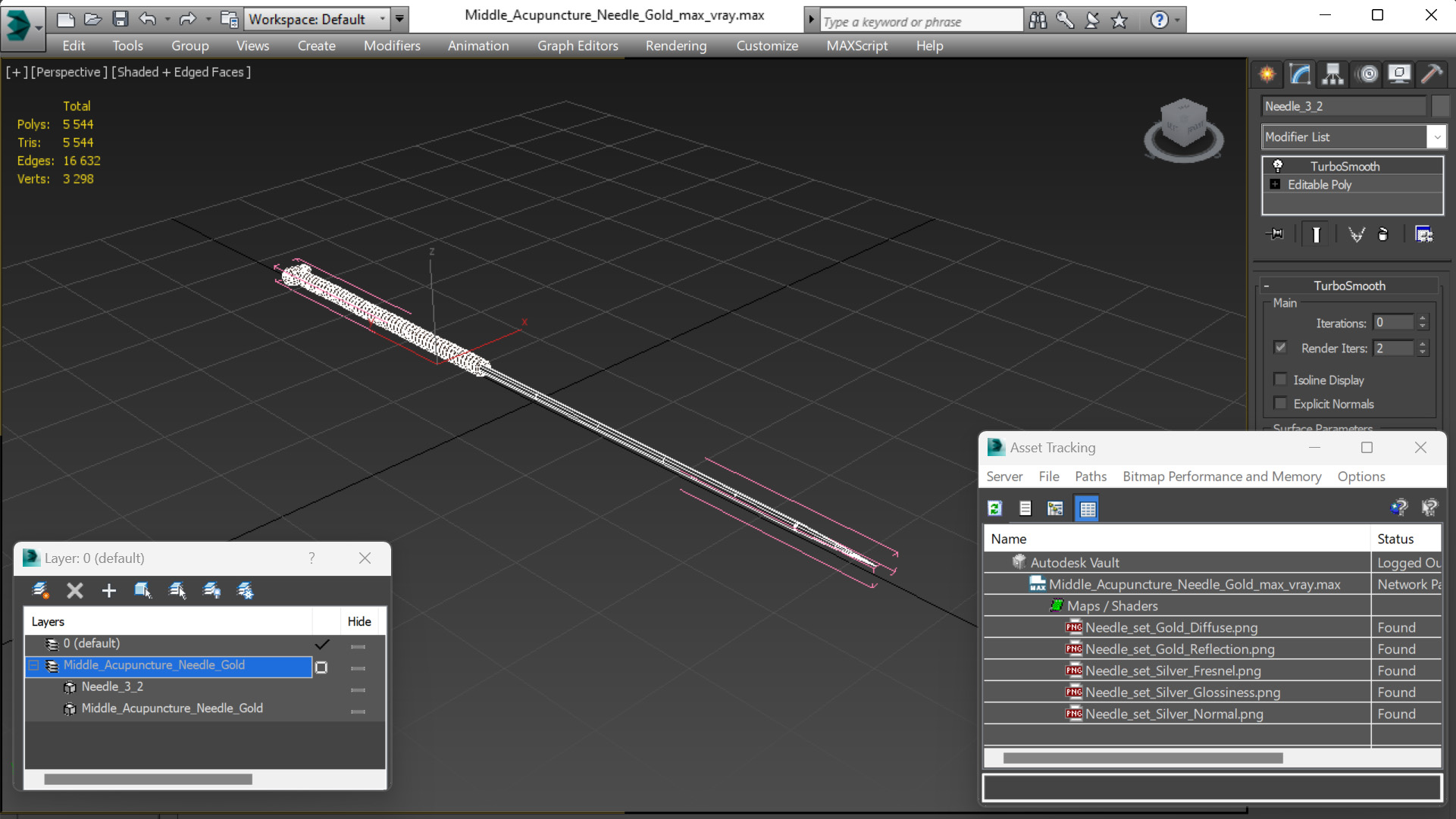 3D model Middle Acupuncture Needle Gold