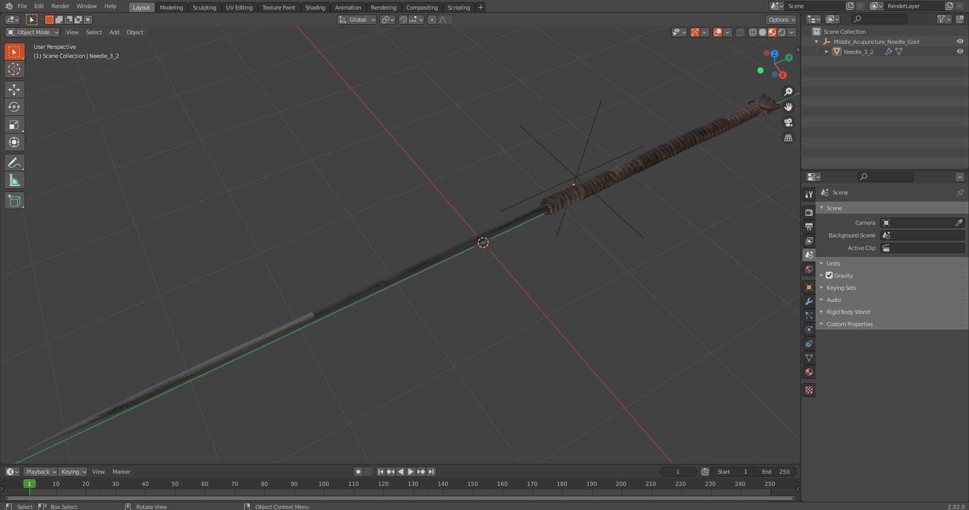 3D model Middle Acupuncture Needle Gold