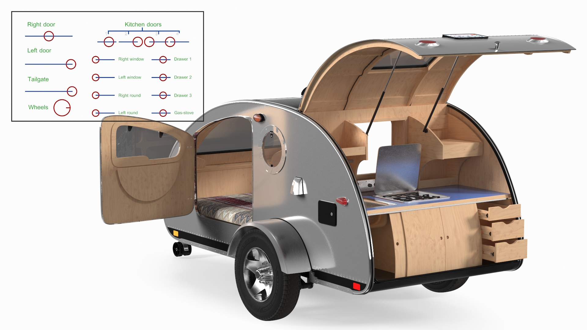 3D model Metallic Vistabule Teardrop Camping Trailer Rigged