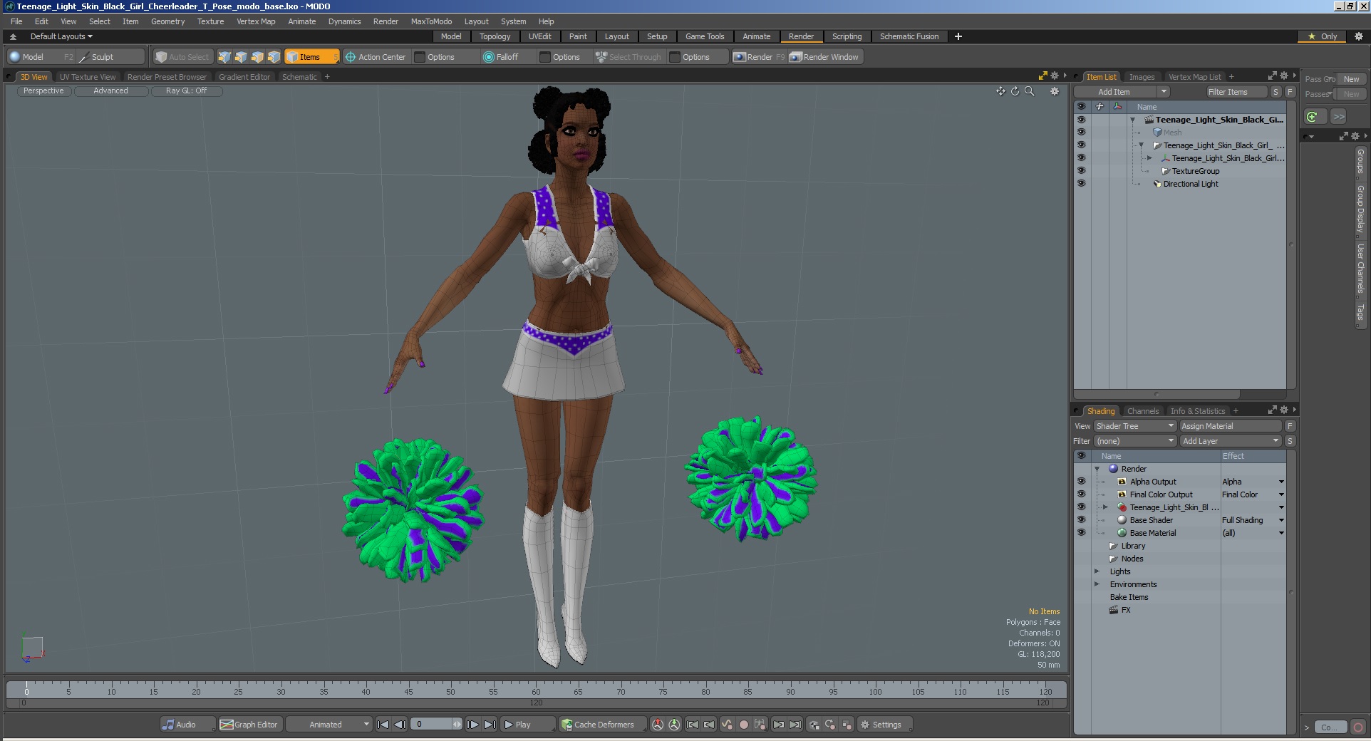 Light Skin Black Young Woman Cheerleader T Pose 3D