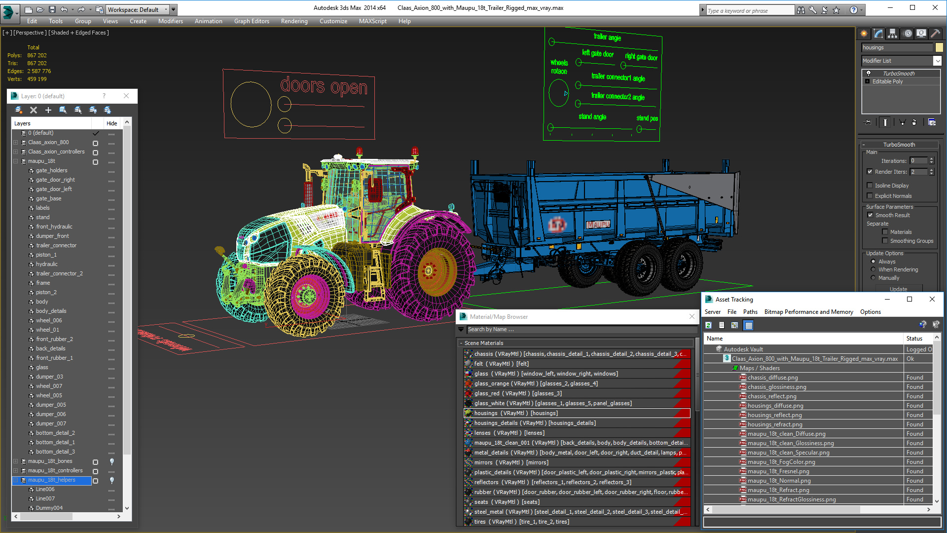 3D model Claas Axion 800 with Maupu 18t Trailer Rigged