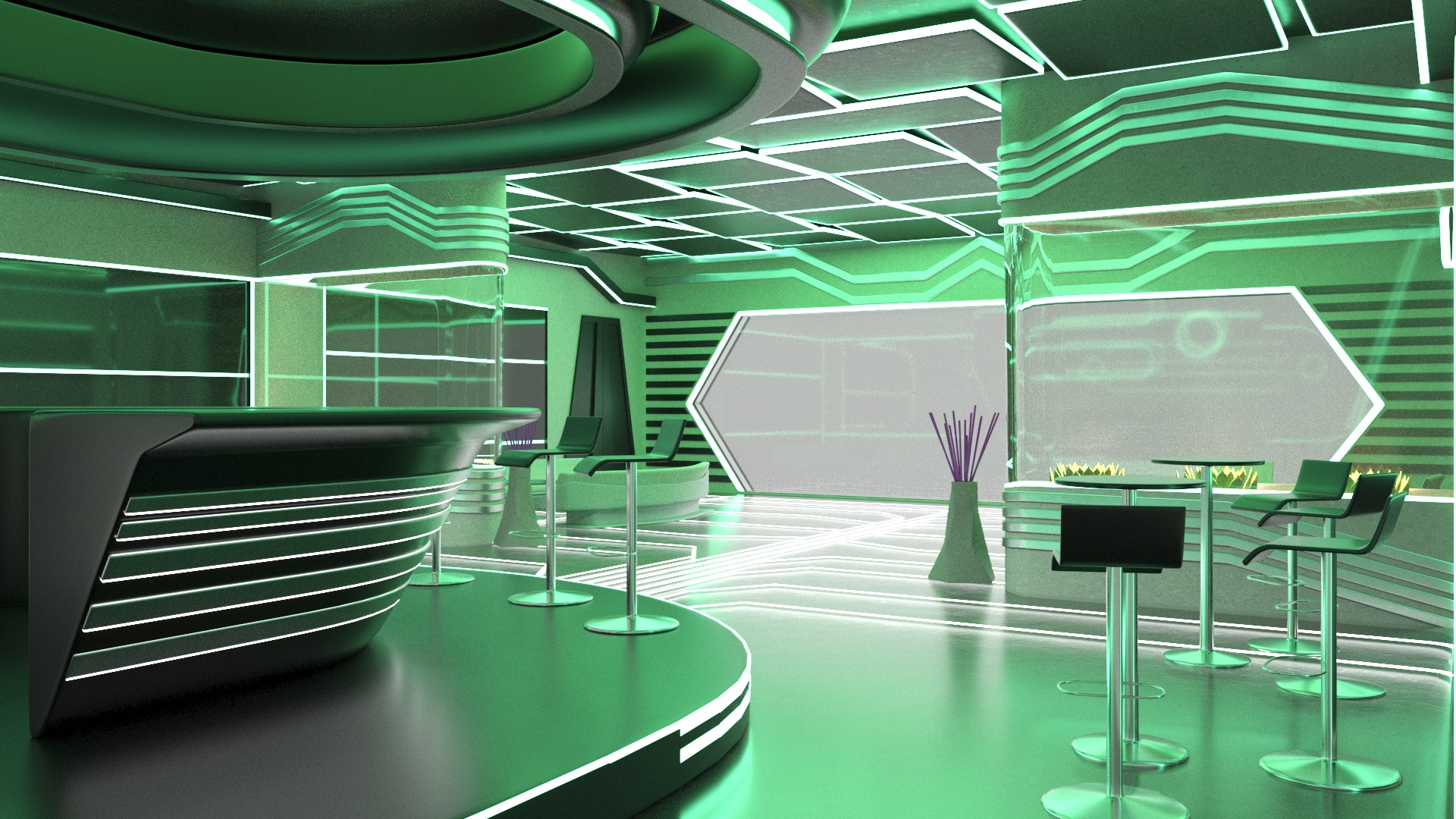 3D model Sci-Fi Bar Interior Green Lights On