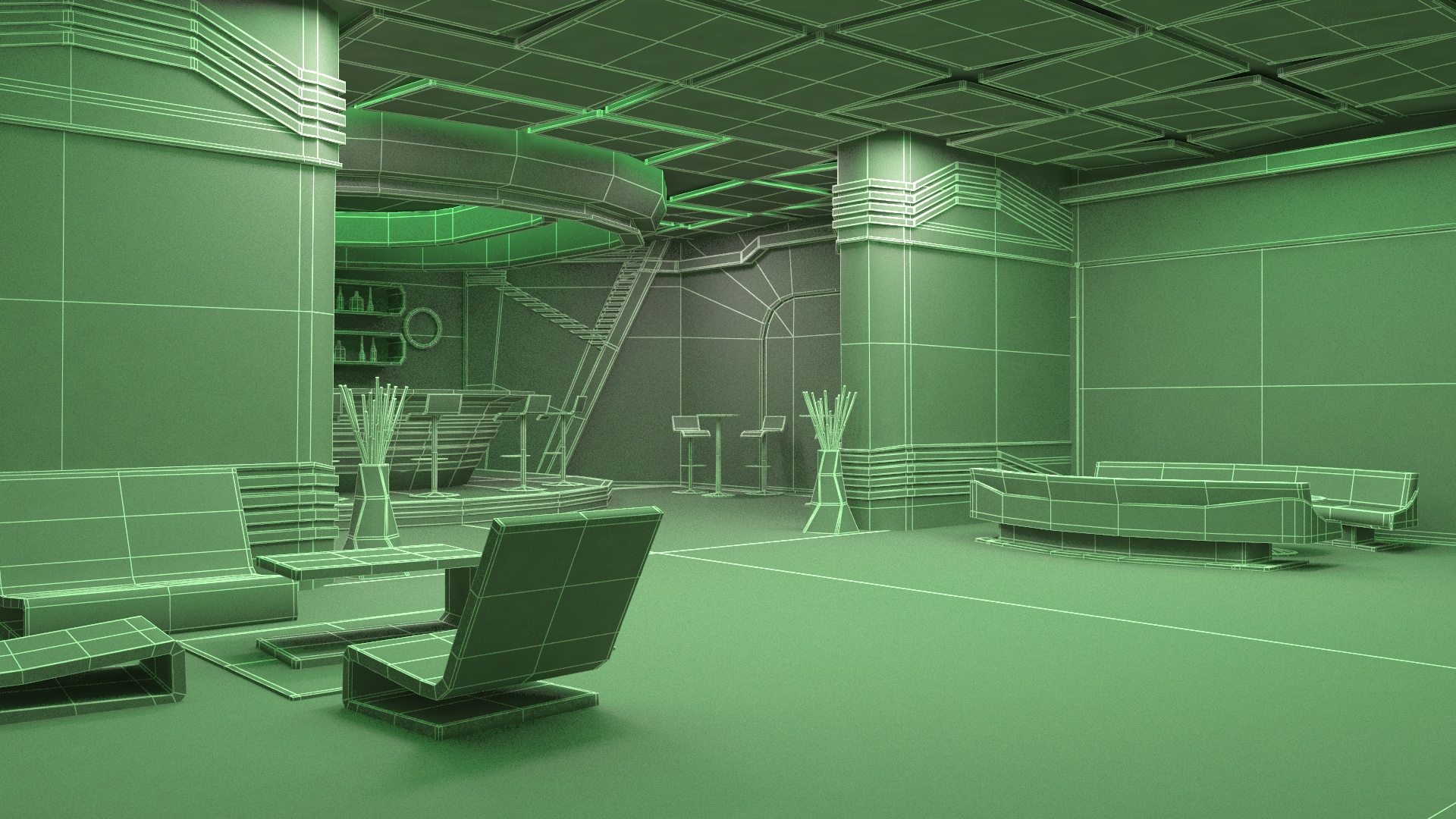 3D model Sci-Fi Bar Interior Green Lights On