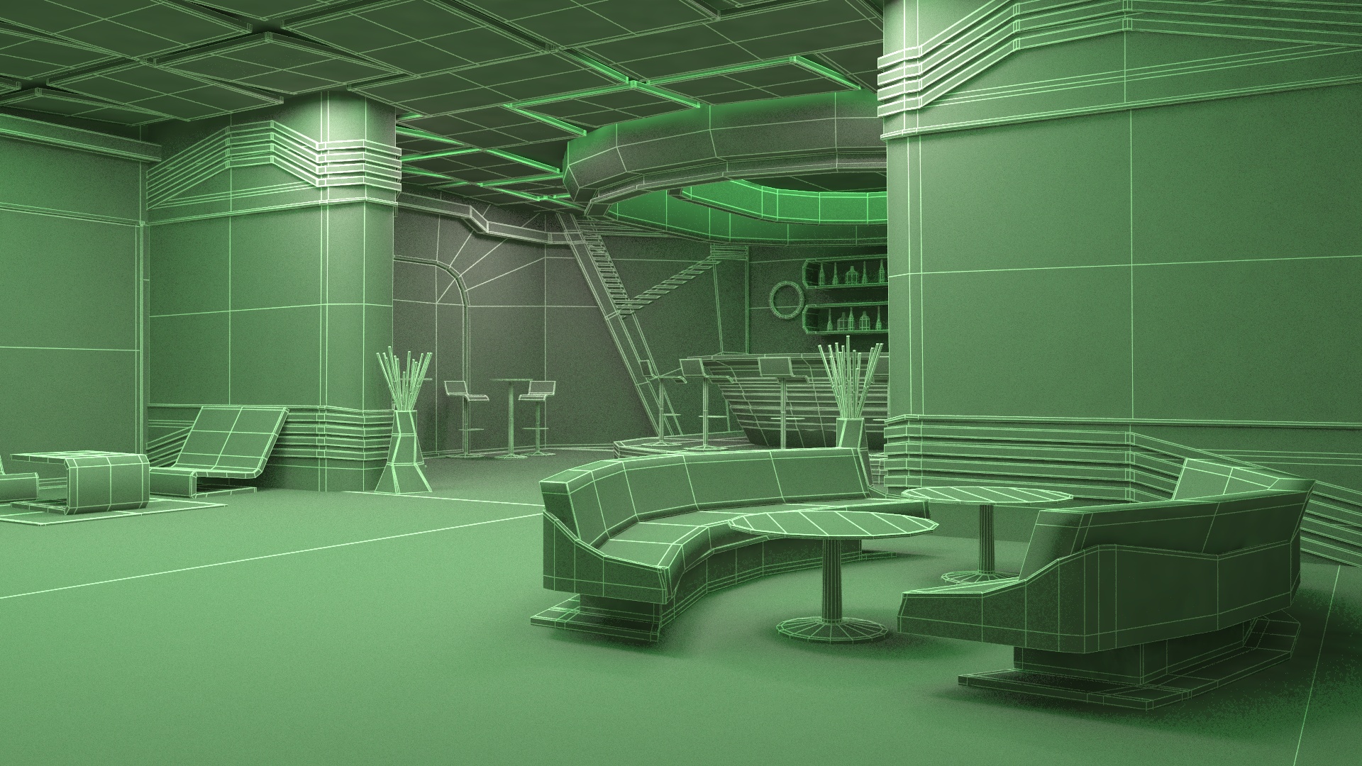 3D model Sci-Fi Bar Interior Green Lights On
