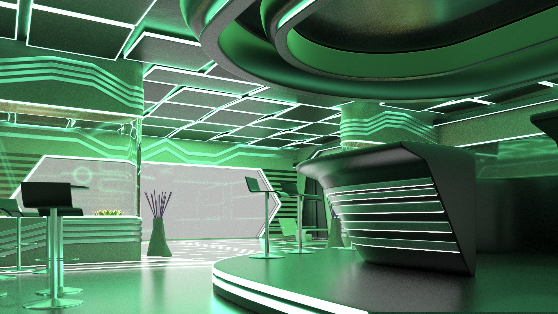 3D model Sci-Fi Bar Interior Green Lights On