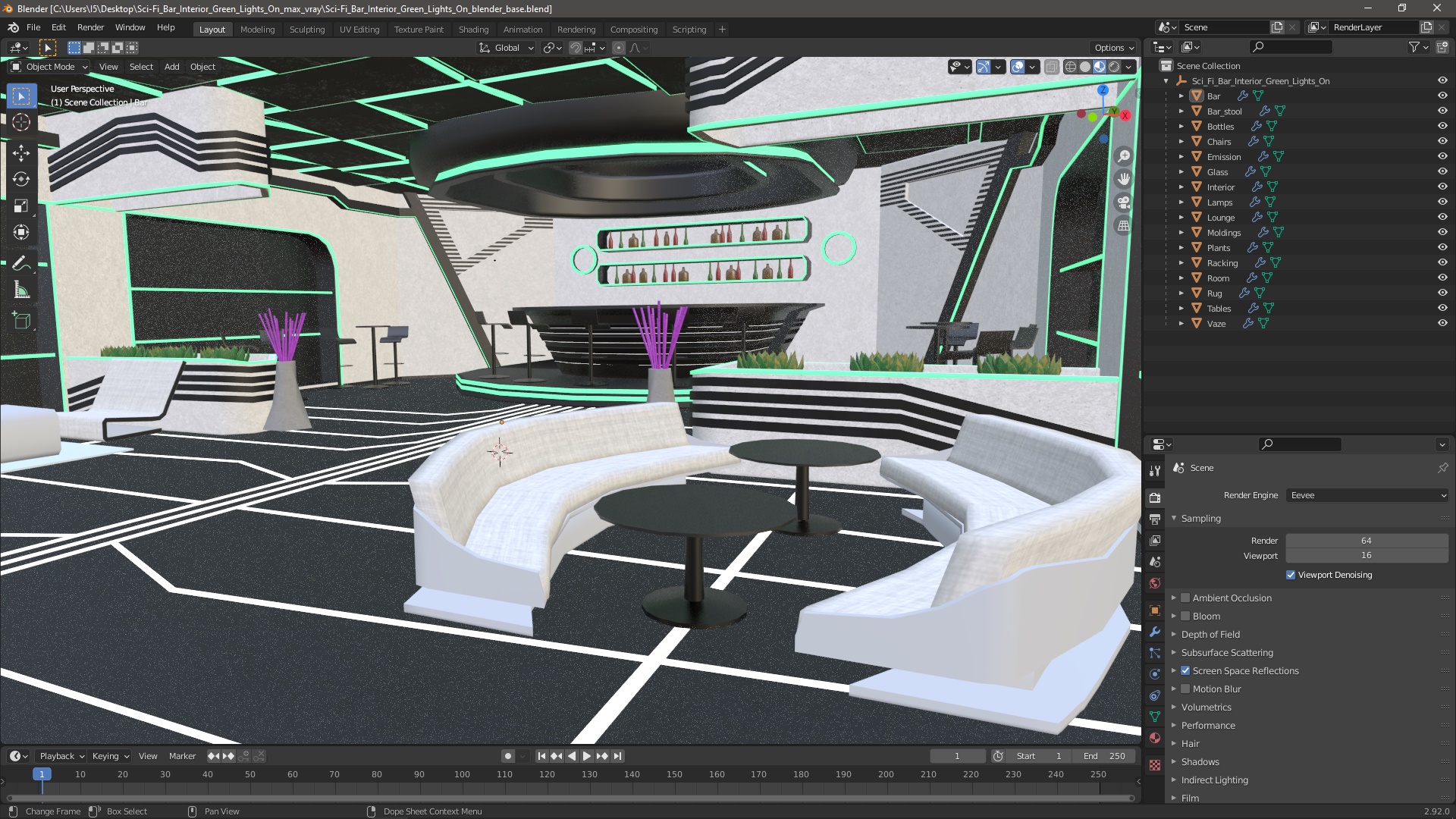 3D model Sci-Fi Bar Interior Green Lights On