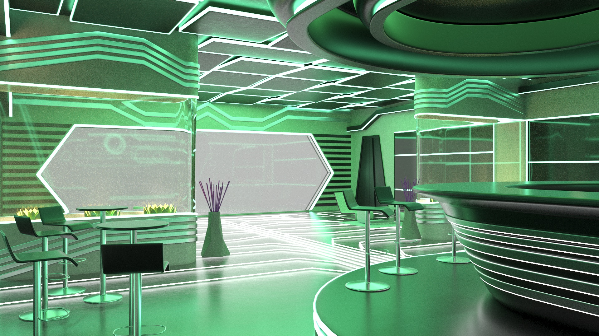 3D model Sci-Fi Bar Interior Green Lights On