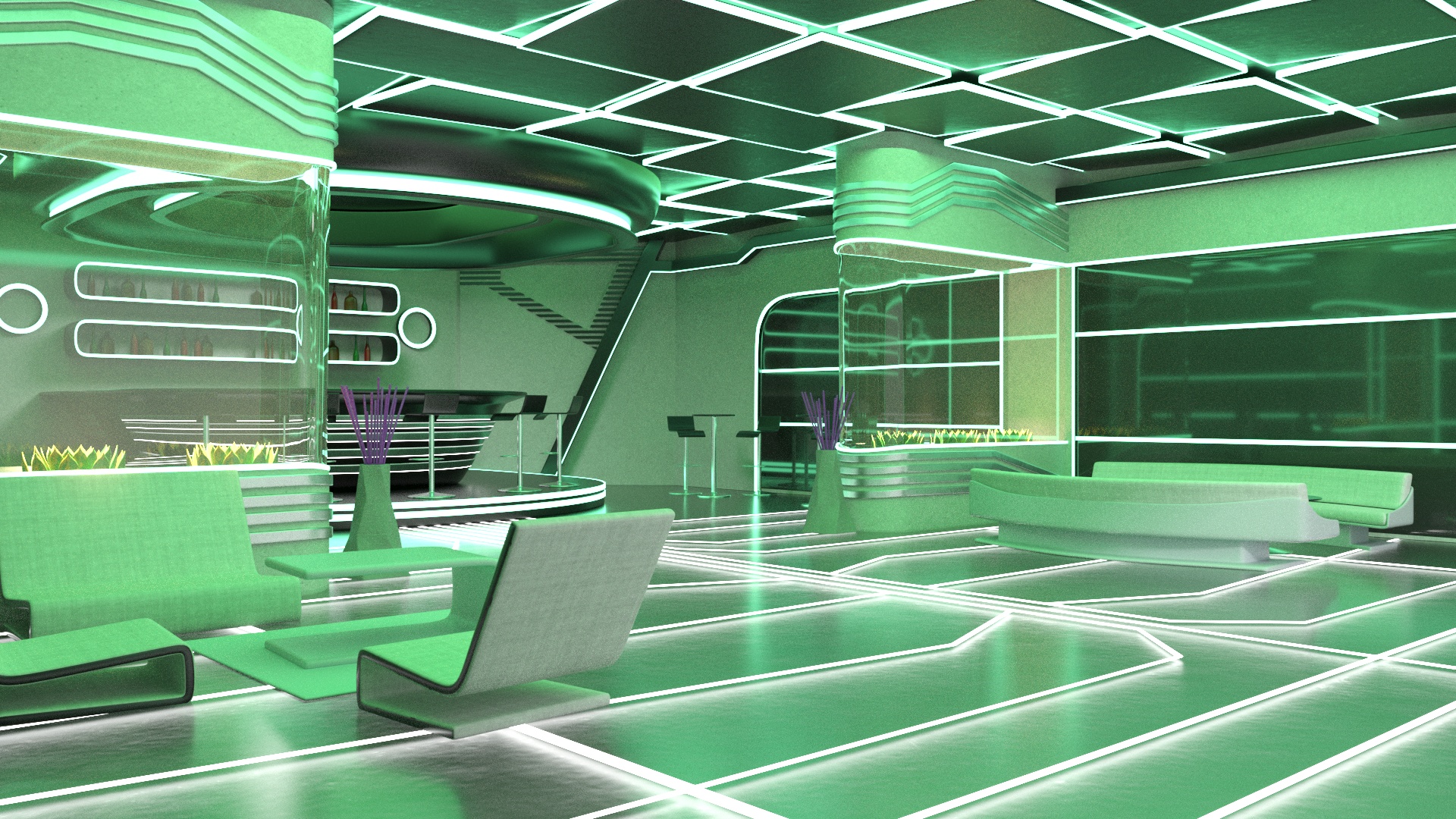 3D model Sci-Fi Bar Interior Green Lights On