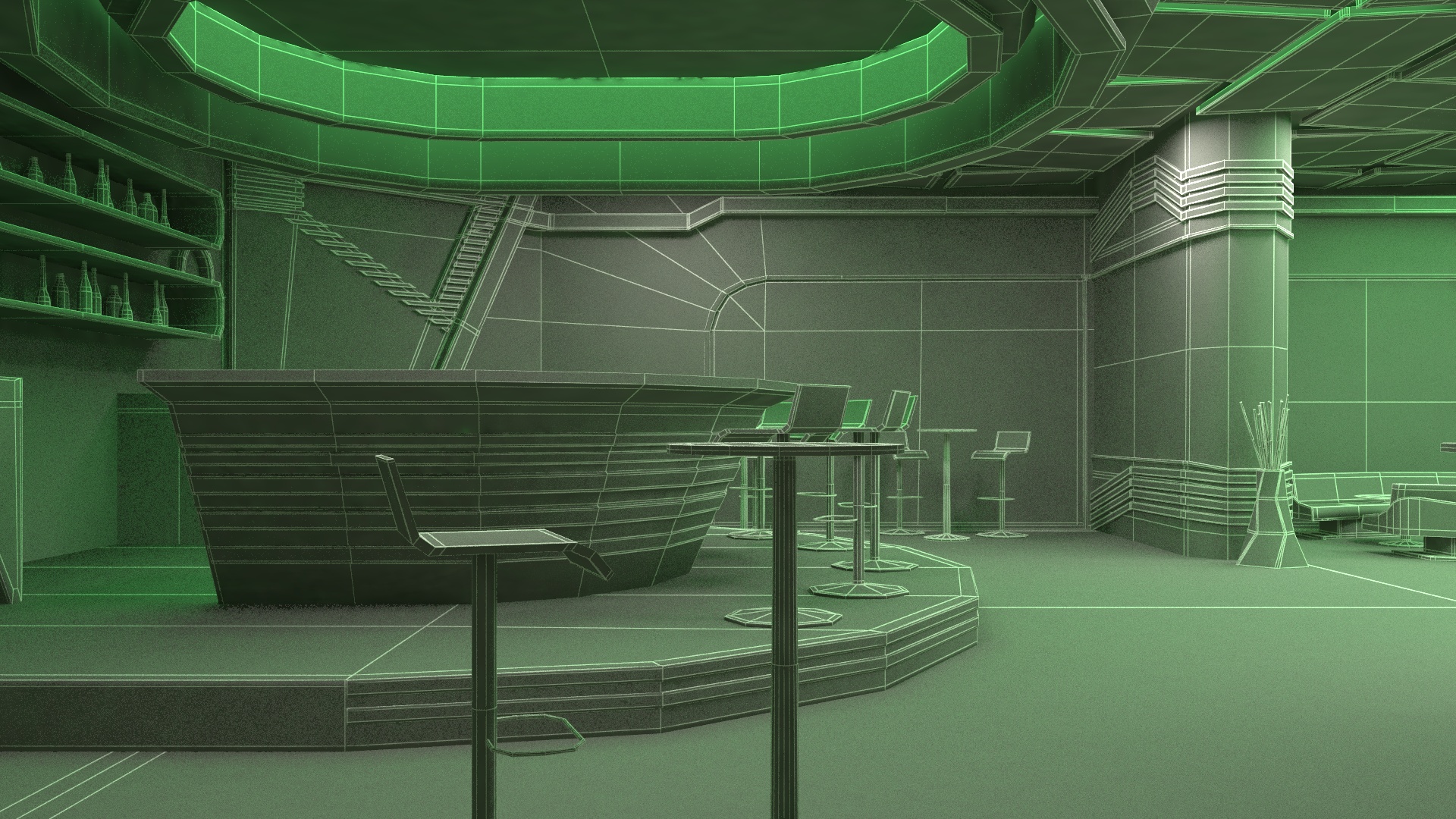 3D model Sci-Fi Bar Interior Green Lights On
