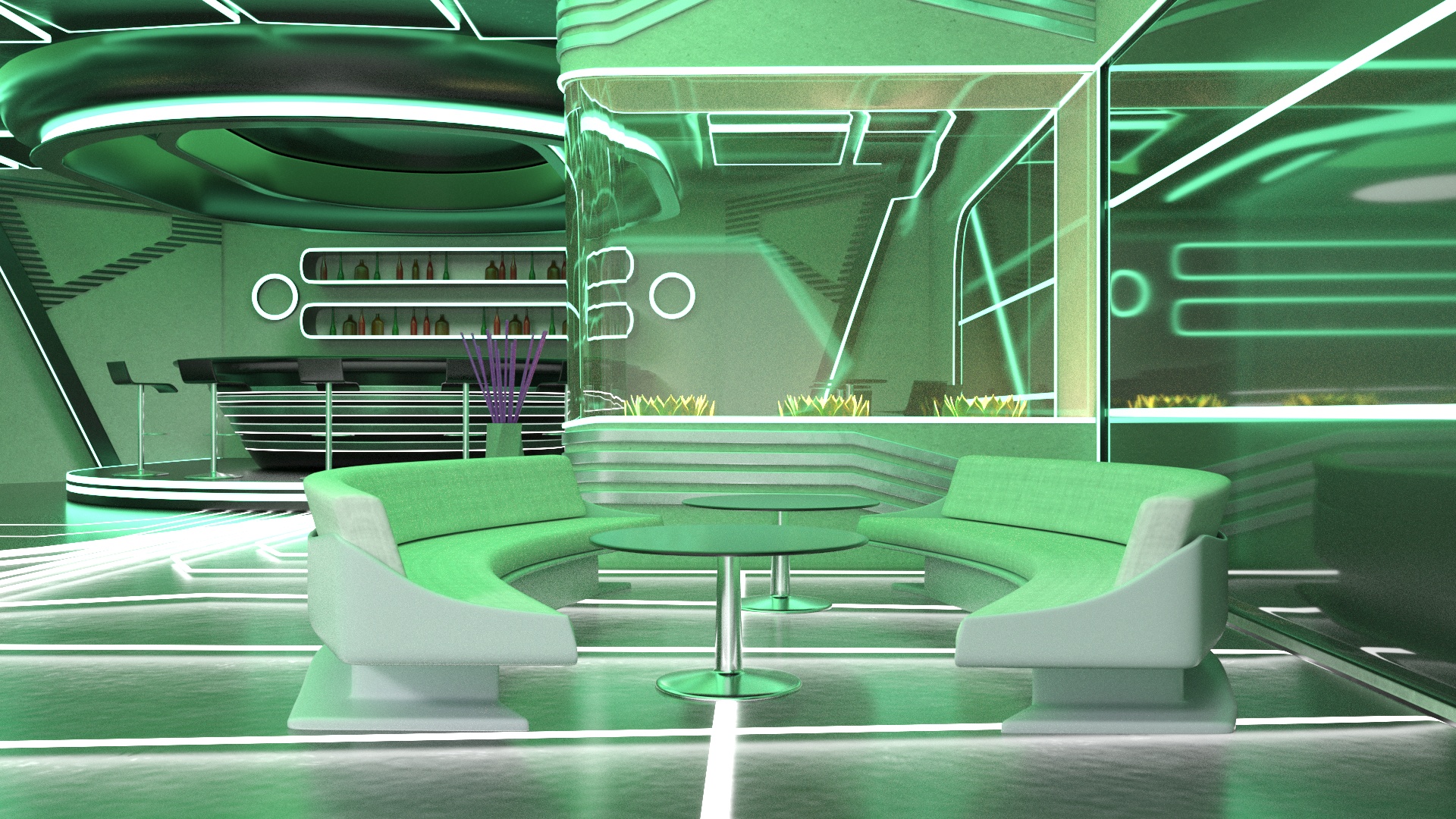 3D model Sci-Fi Bar Interior Green Lights On