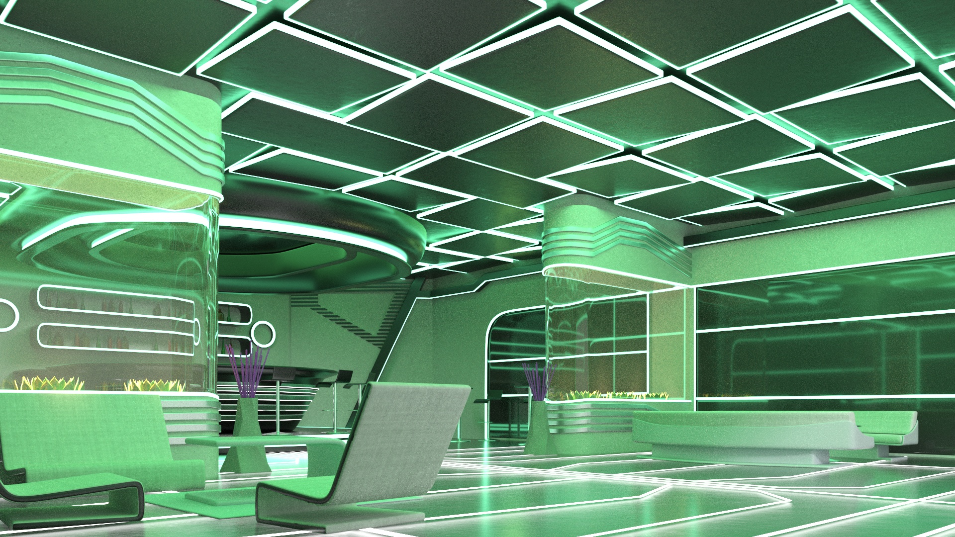 3D model Sci-Fi Bar Interior Green Lights On