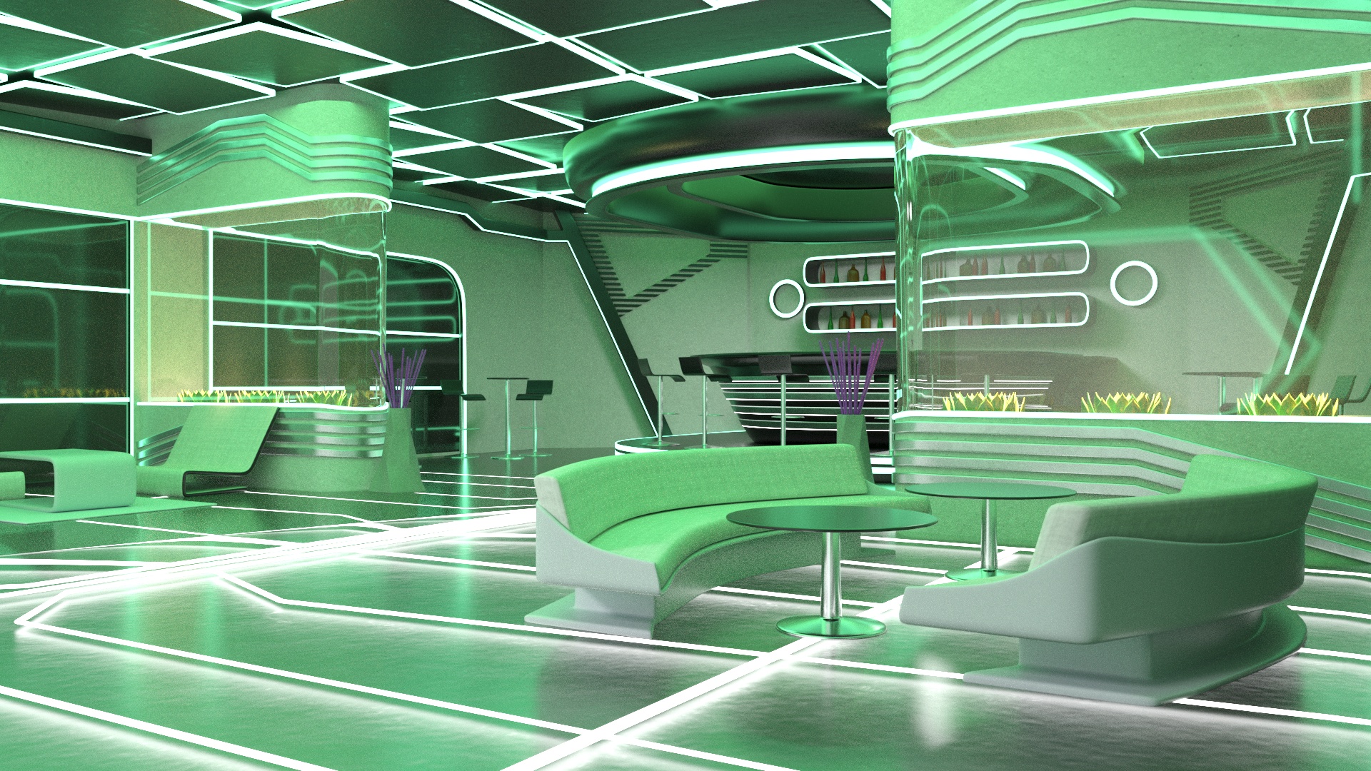 3D model Sci-Fi Bar Interior Green Lights On