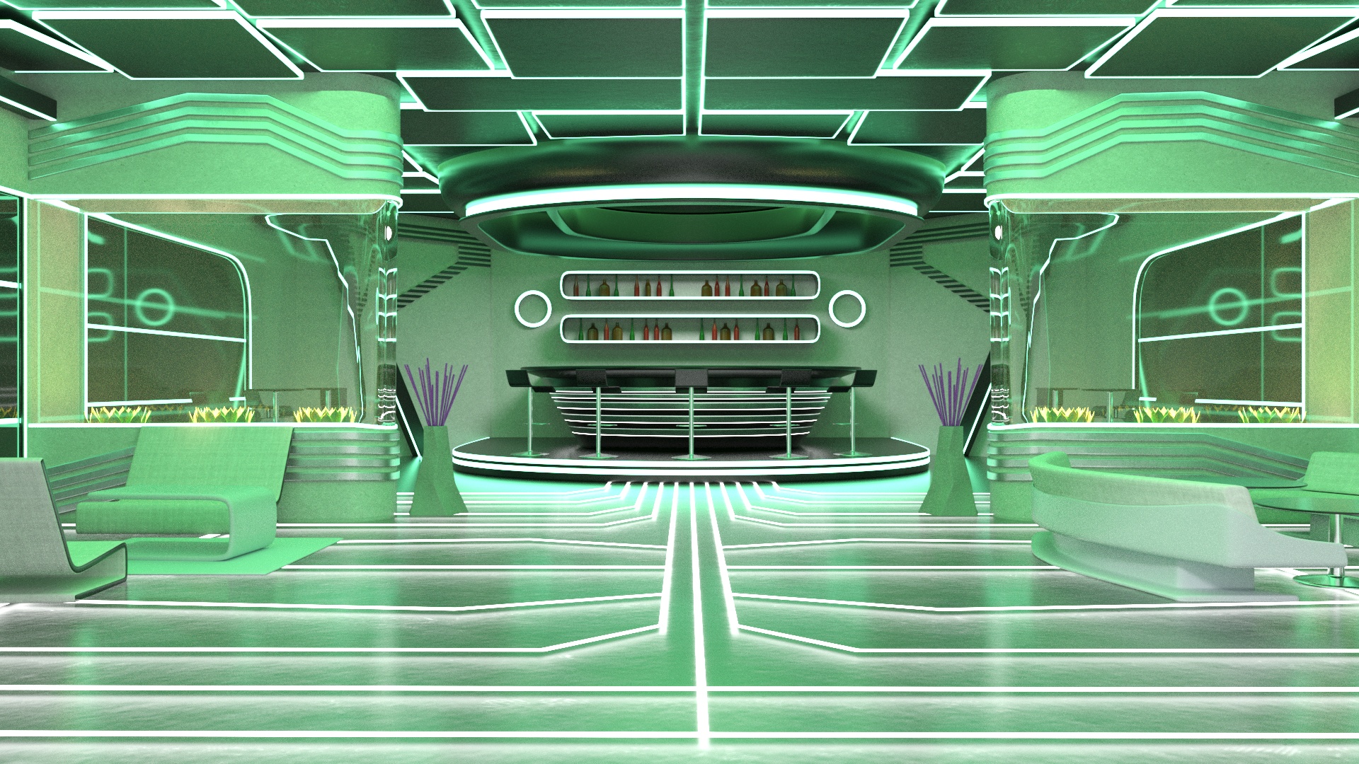 3D model Sci-Fi Bar Interior Green Lights On