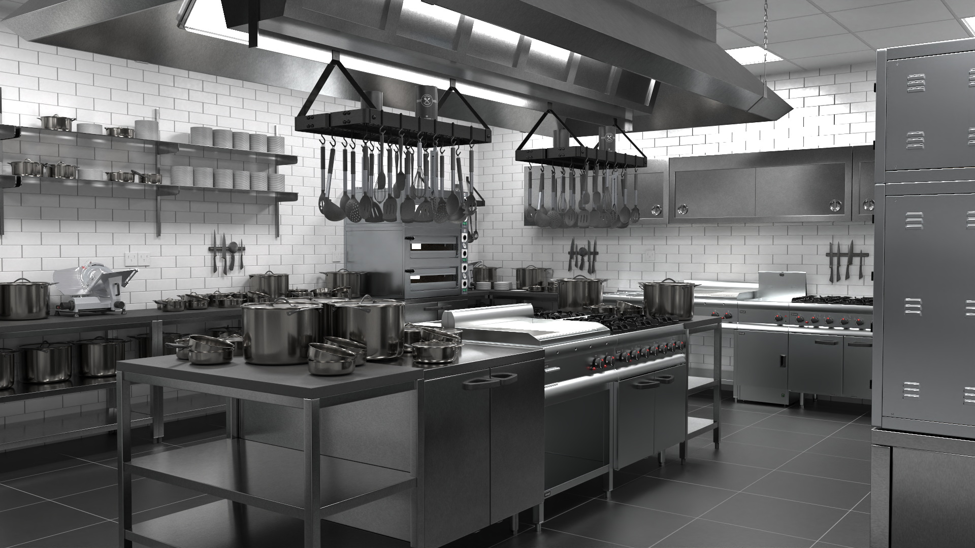 Restaurant Commercial Kitchen Lights On 3D model
