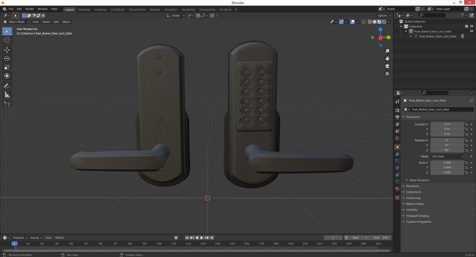 3D Push Button Door Lock Gold
