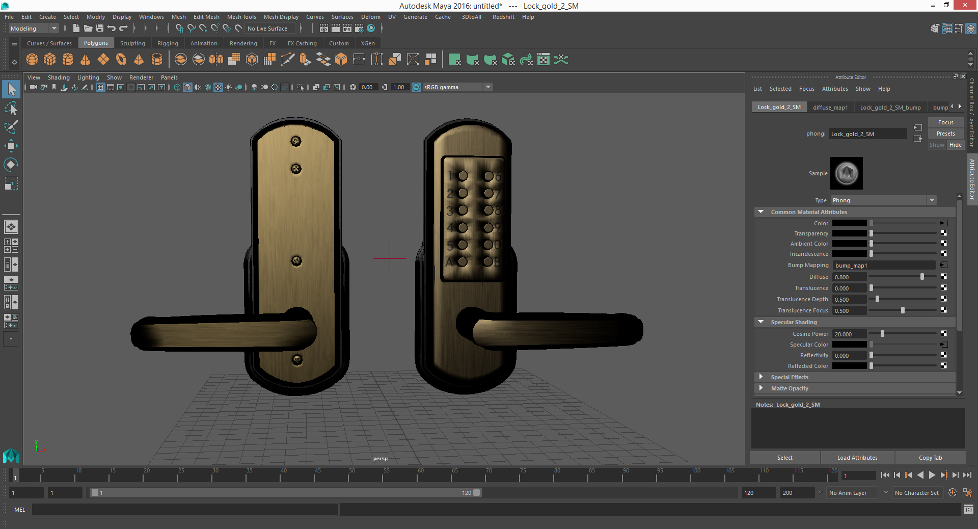 3D Push Button Door Lock Gold