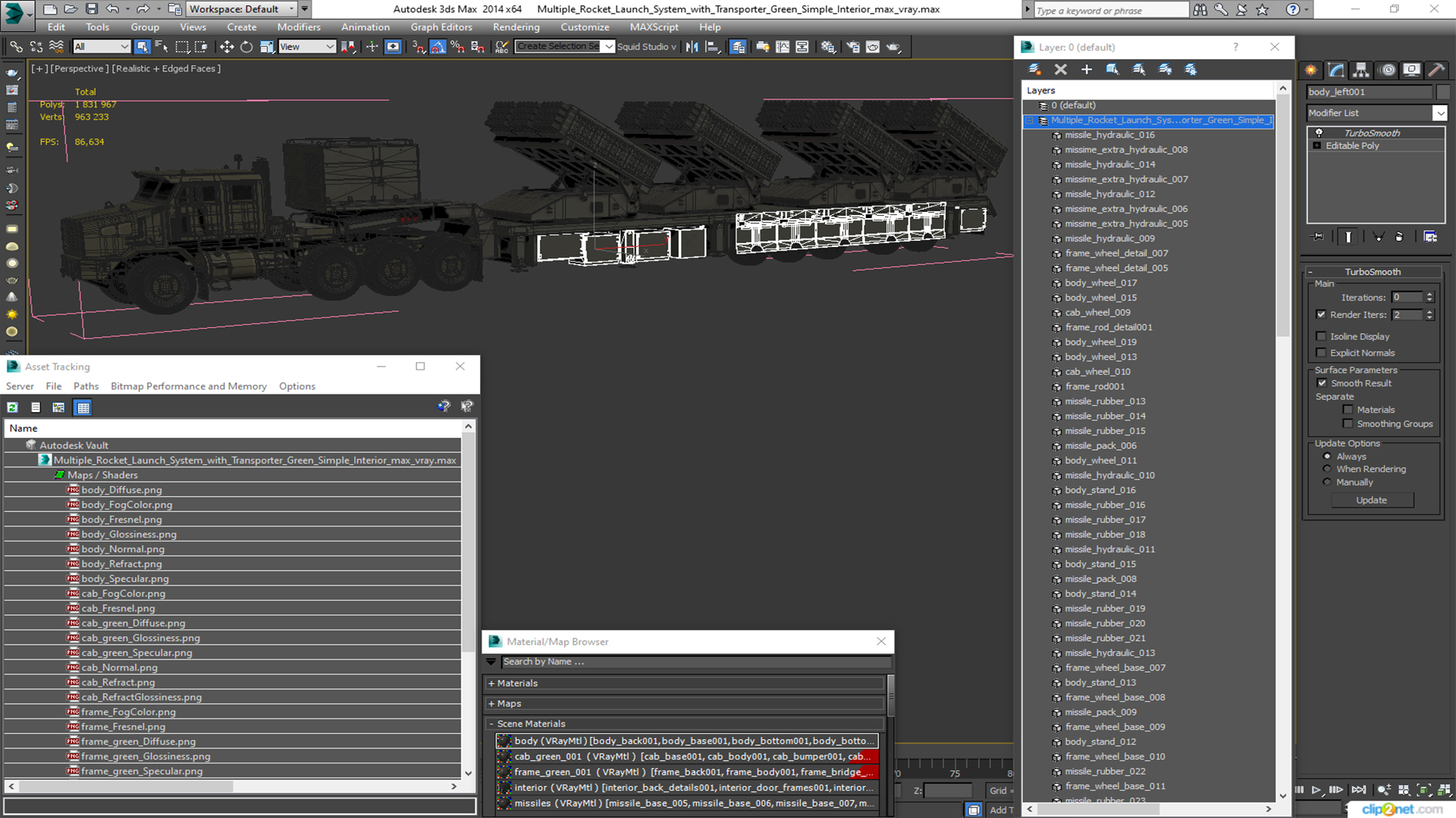 3D Multiple Rocket Launch System with Transporter Green Simple Interior model