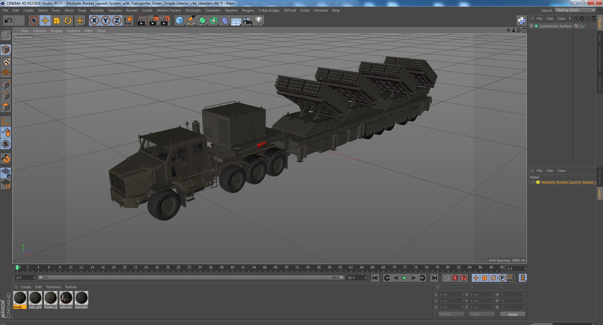 3D Multiple Rocket Launch System with Transporter Green Simple Interior model