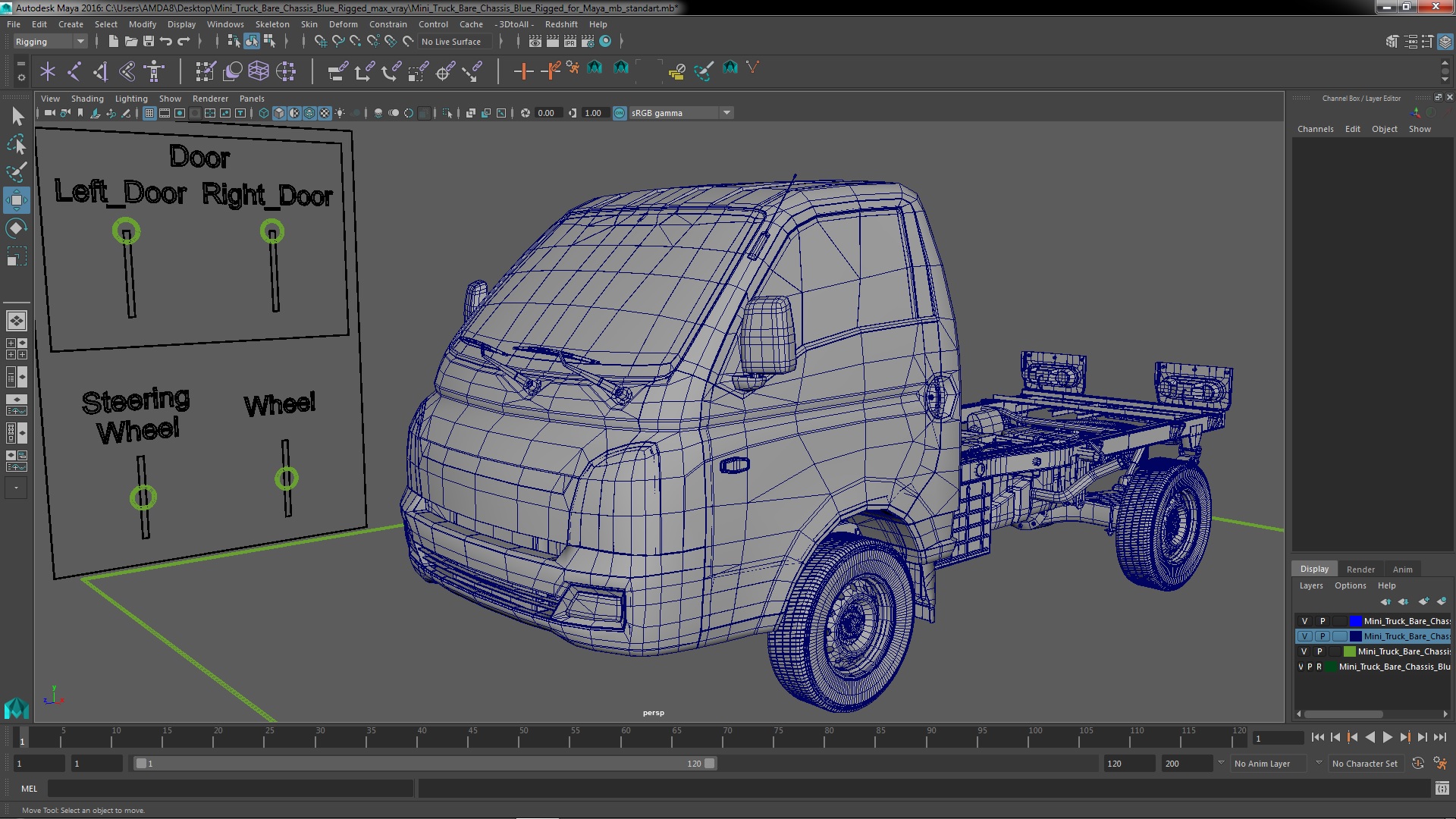 Mini Truck Bare Chassis Blue Rigged for Maya 3D model
