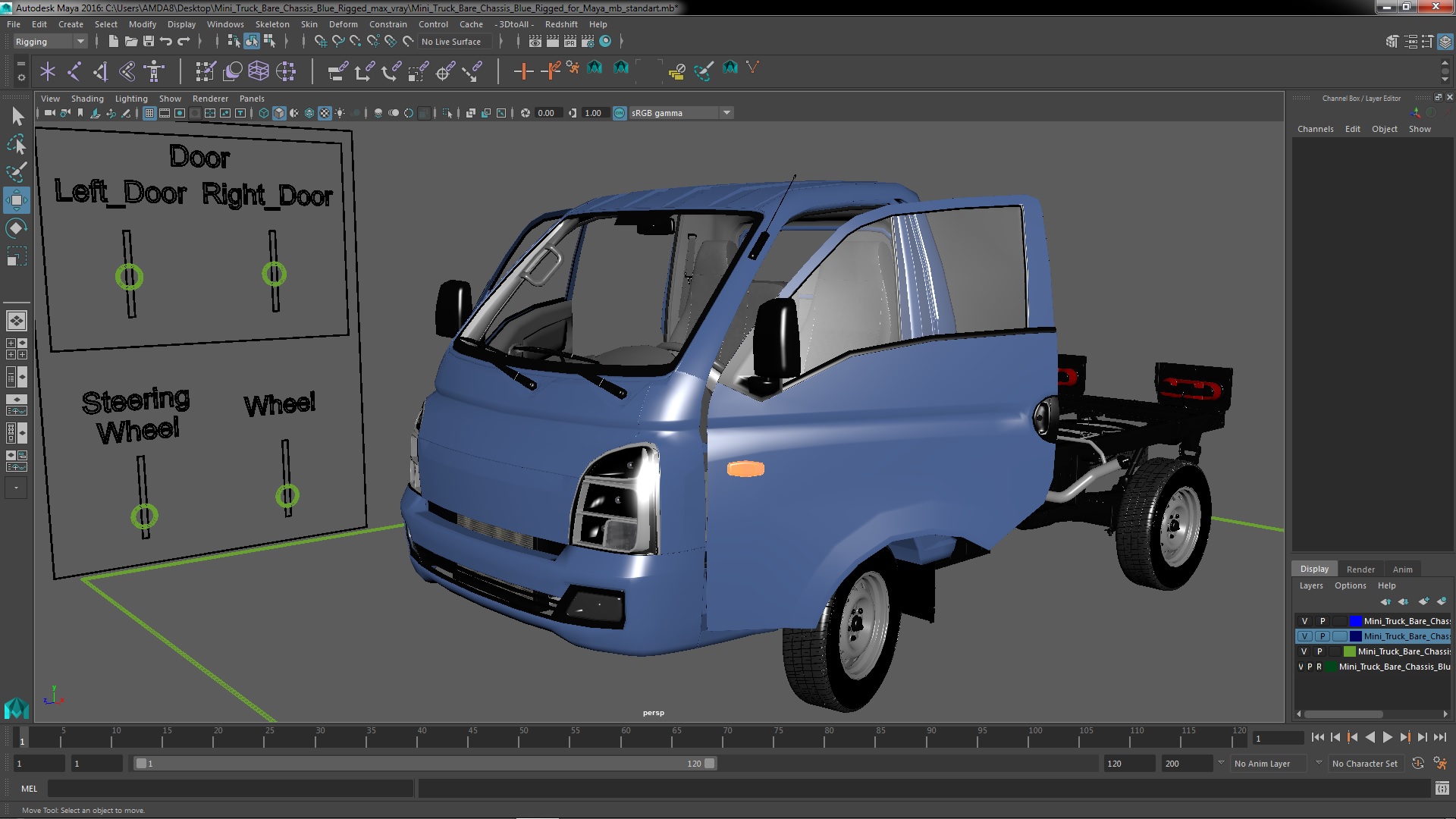Mini Truck Bare Chassis Blue Rigged for Maya 3D model