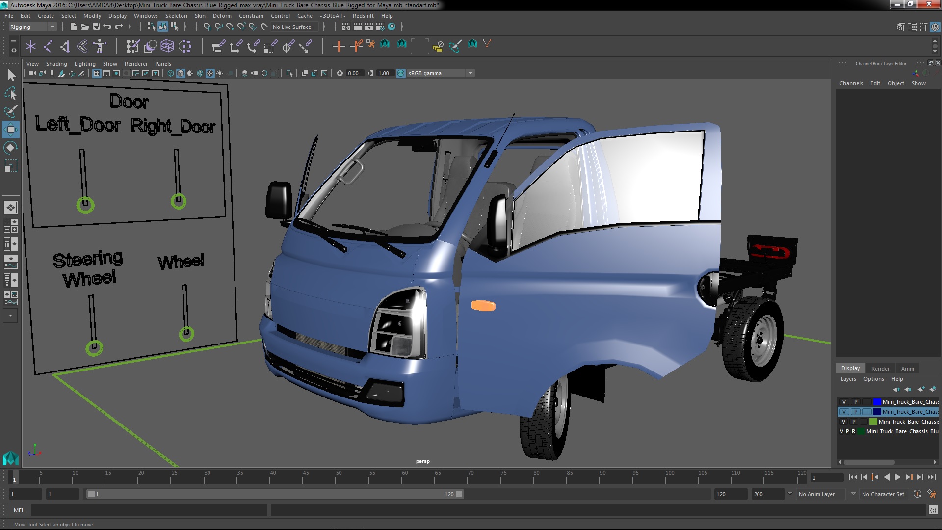 Mini Truck Bare Chassis Blue Rigged for Maya 3D model