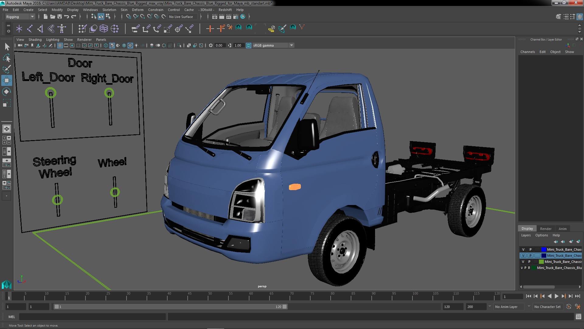 Mini Truck Bare Chassis Blue Rigged for Maya 3D model