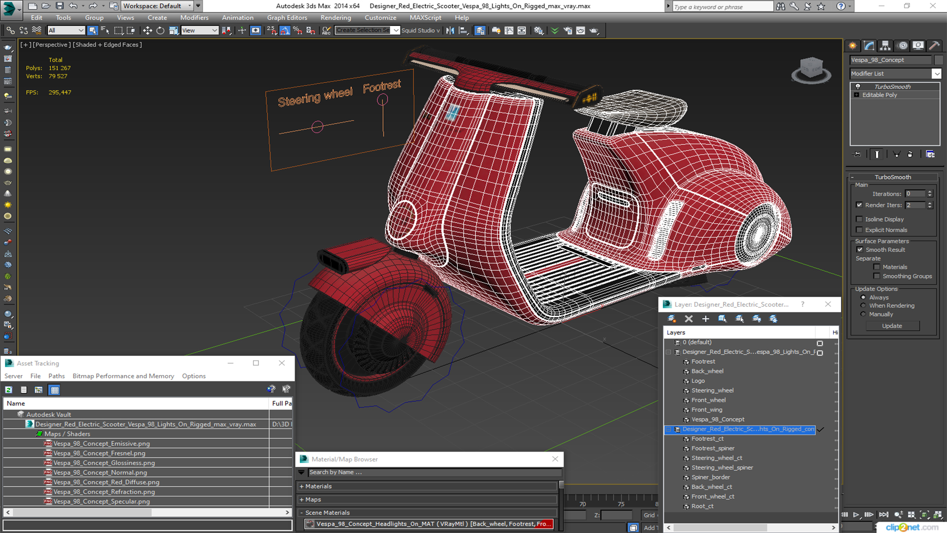 3D model Designer Red Electric Scooter Vespa 98 Lights On Rigged