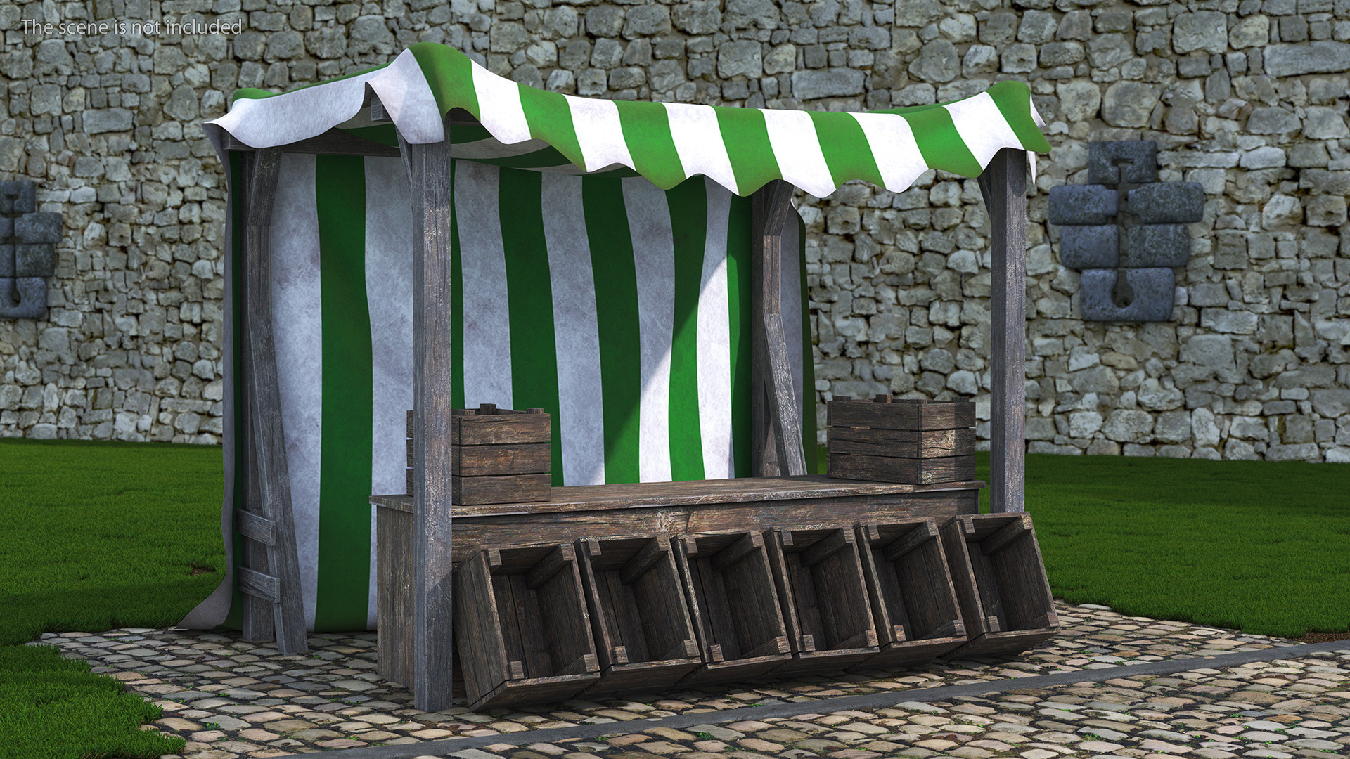 Wooden Market Stall with Striped Awning 3D model