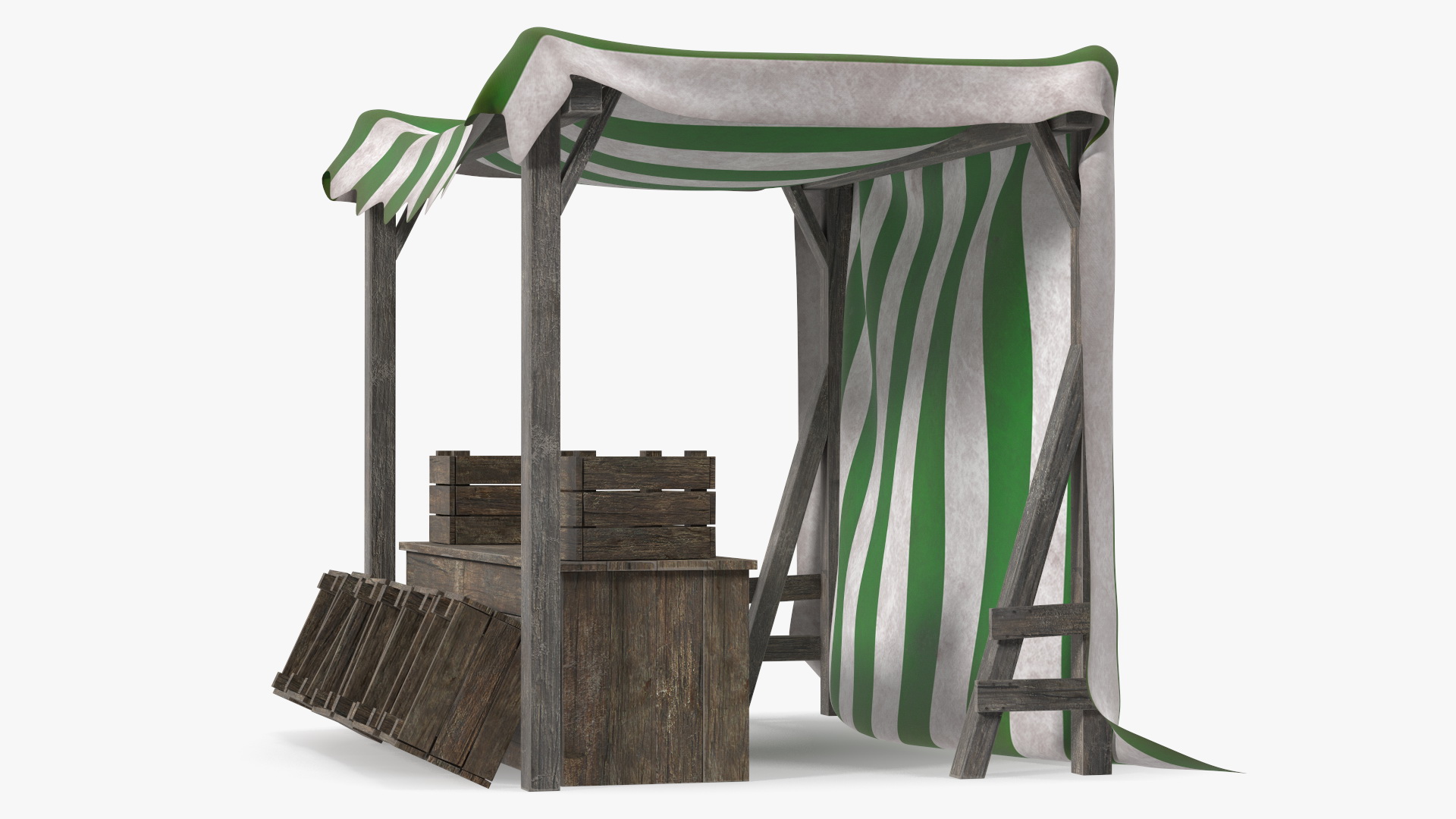Wooden Market Stall with Striped Awning 3D model