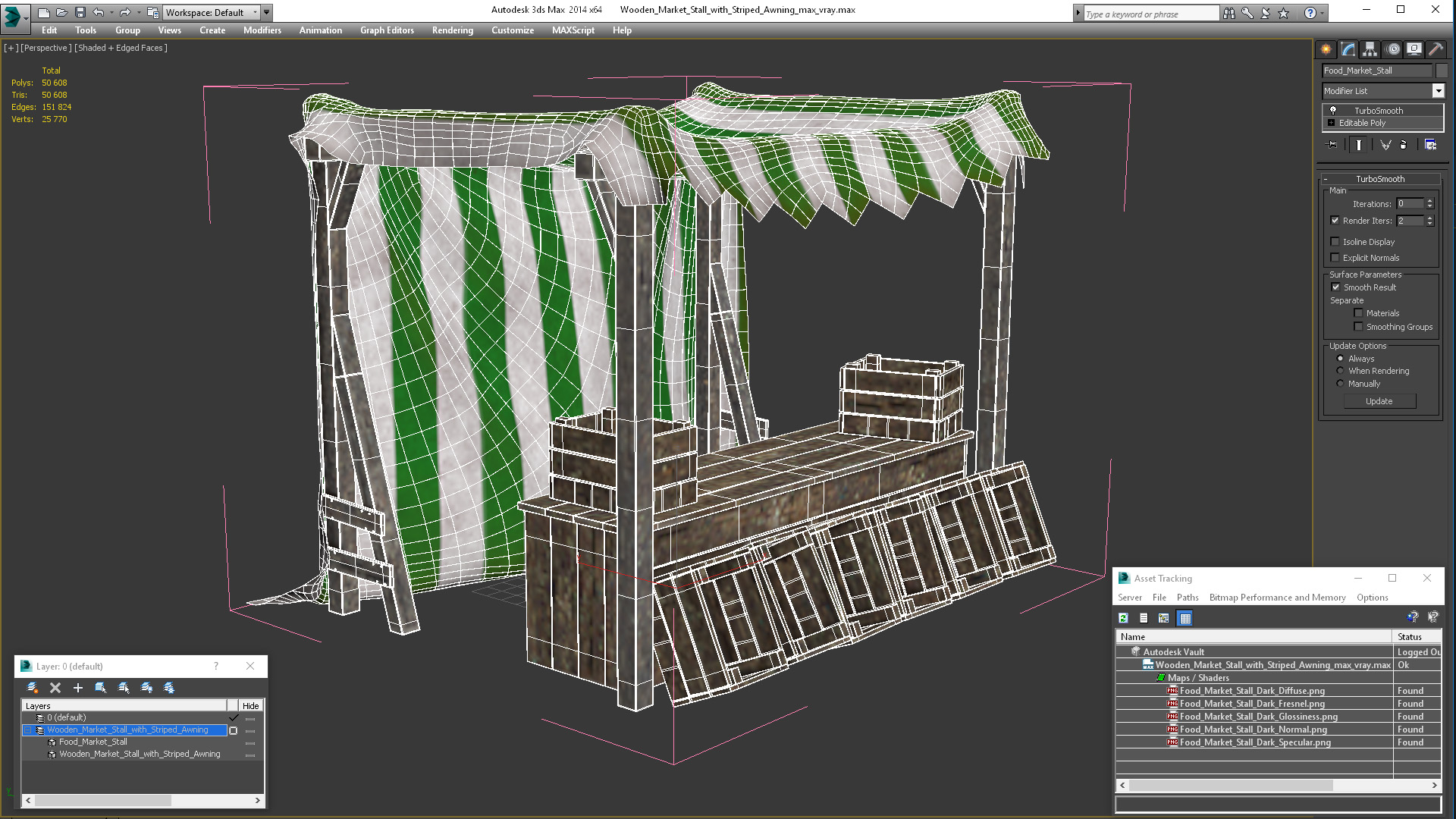 Wooden Market Stall with Striped Awning 3D model