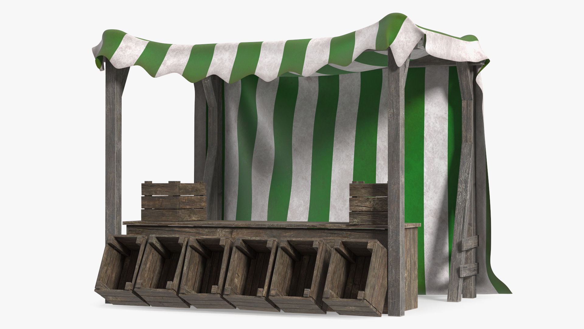 Wooden Market Stall with Striped Awning 3D model